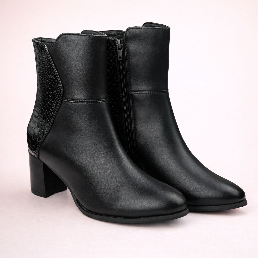 Women Classic Crocodile Textured Side Zipper Comfort Ankle Boots With Mid Heel Slip On For Women