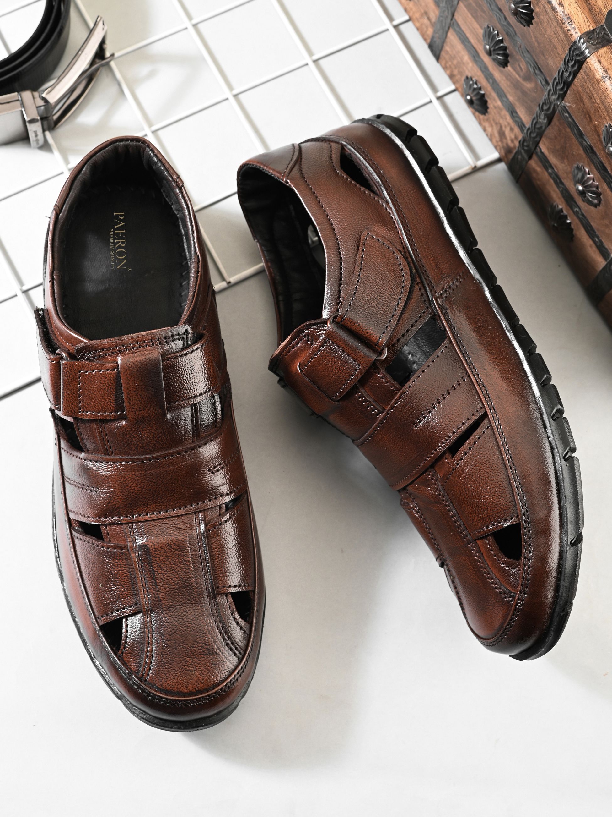 paeron Men Brown Leather Comfort Sandals | Cushioned Sole & Adjustable Strap Casuals For Men-picture-27