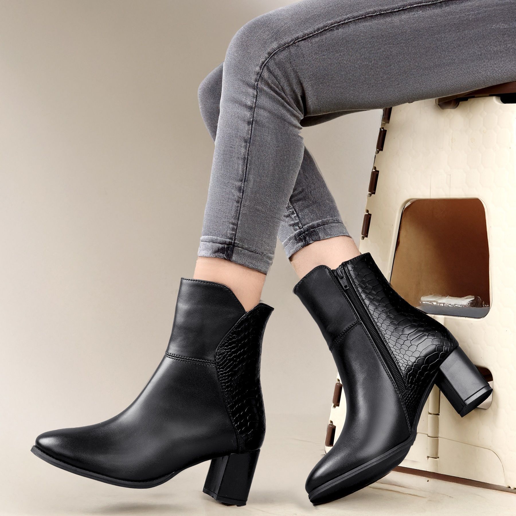 Classic Vegan Crocodile Textured Chic Fashioned Zipper Ankle Boots for Women Slip On For Women-image-18