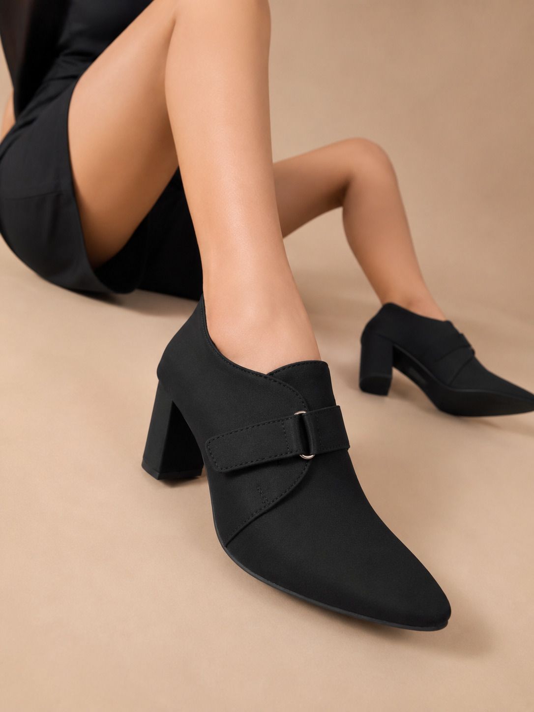 Women Black Pointed Toe Block Heel Pumps Casuals For Women-image-5