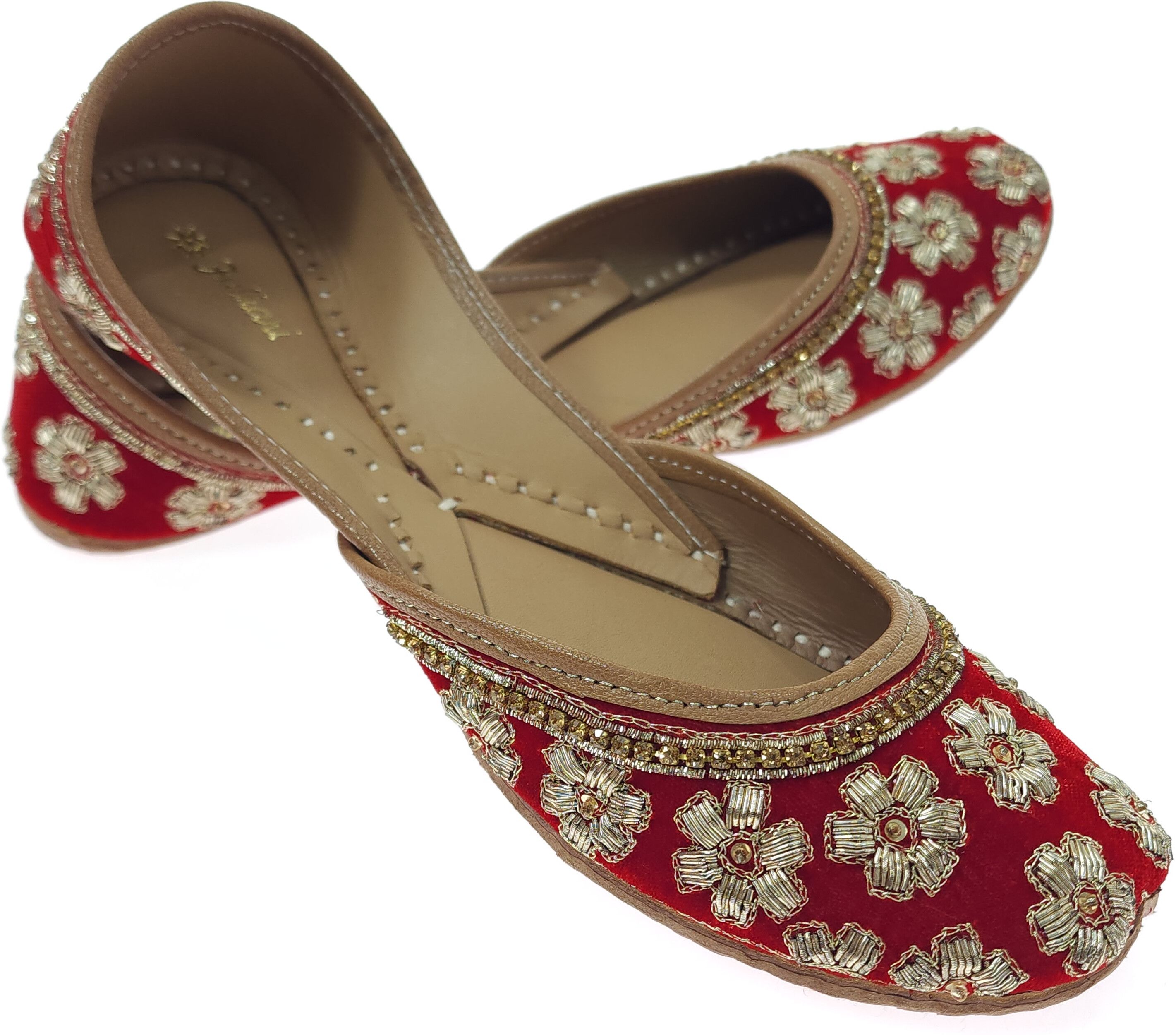 Snowflake Welvet Red Gold Genuine Leather | Bite Free Embroidered Jutis | 39 Party Wear For Women-image-32