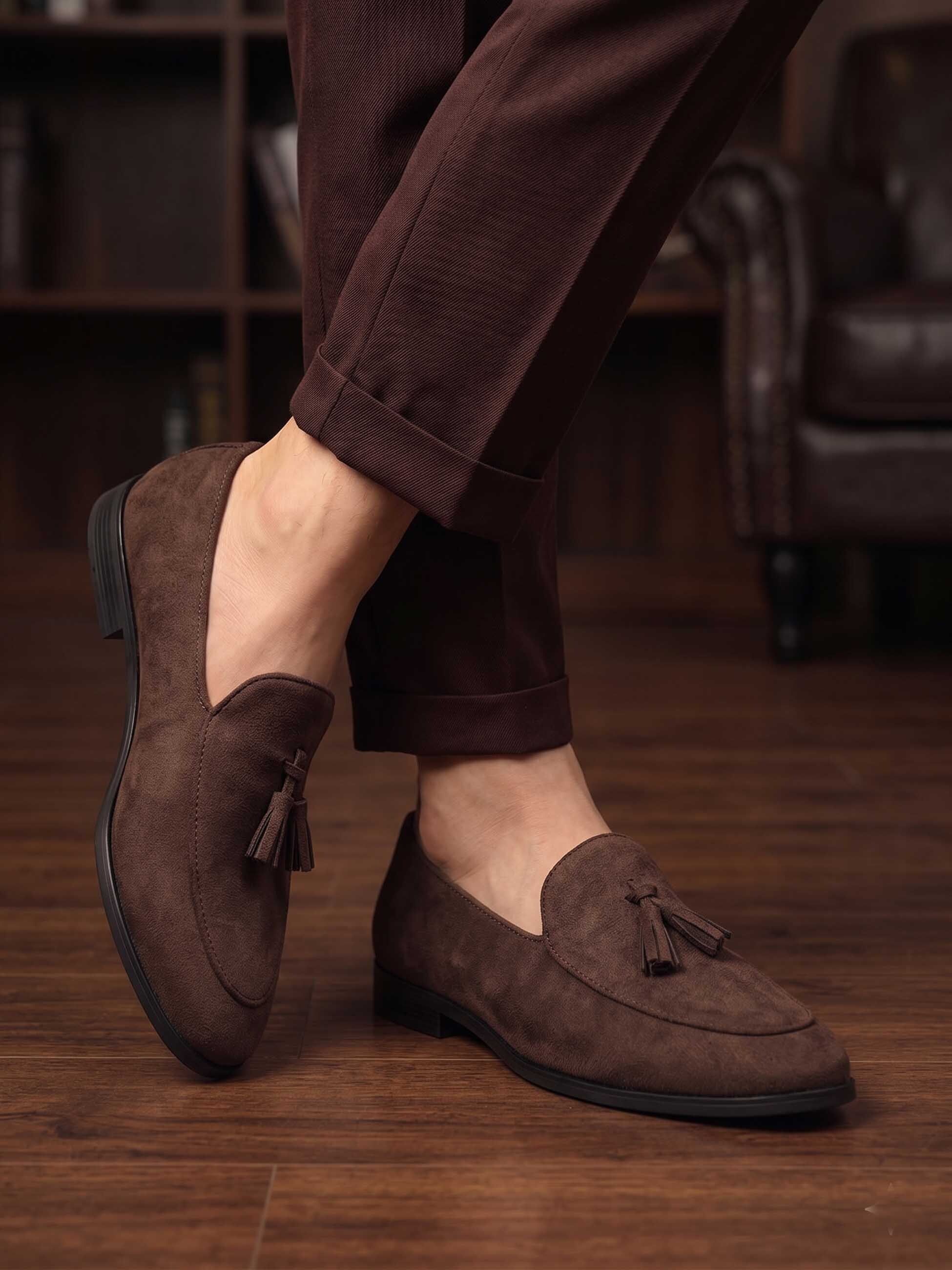 Brown Suede Leather Casual Tassel Shoes Loafers For Men-image-31