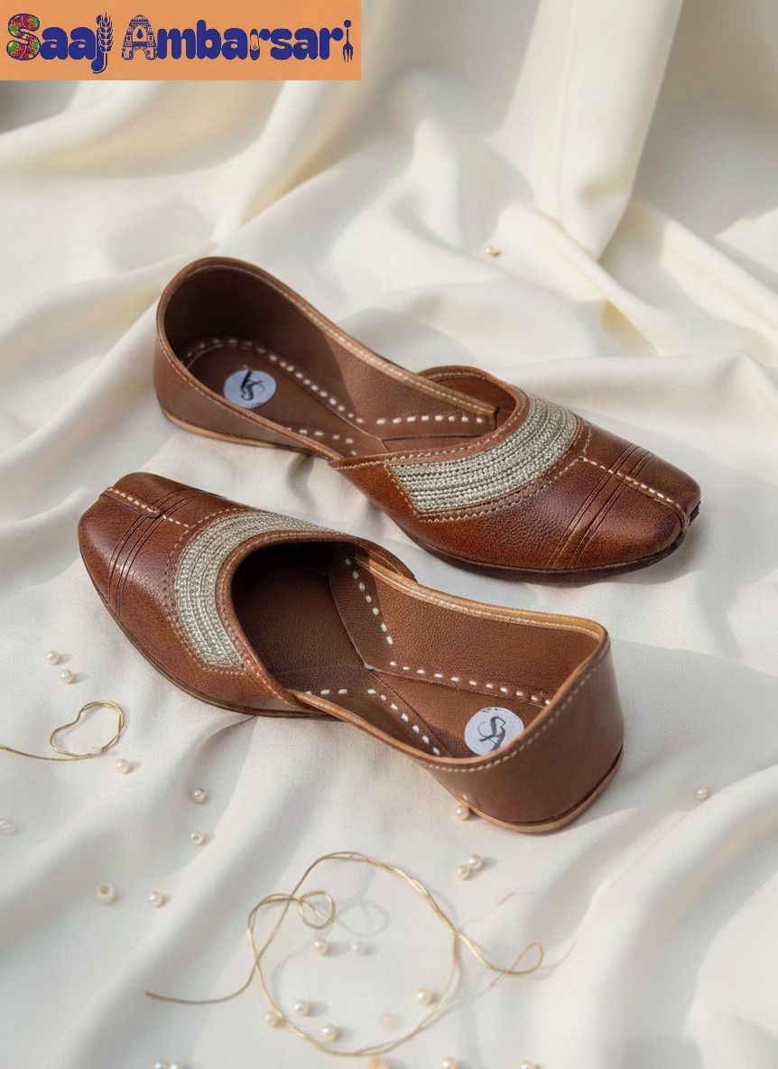 saaj ambarsari Tan Premium Leather Juttis with Golden Embroidery || Ethnic Mojaris Bellies For Women-picture-43