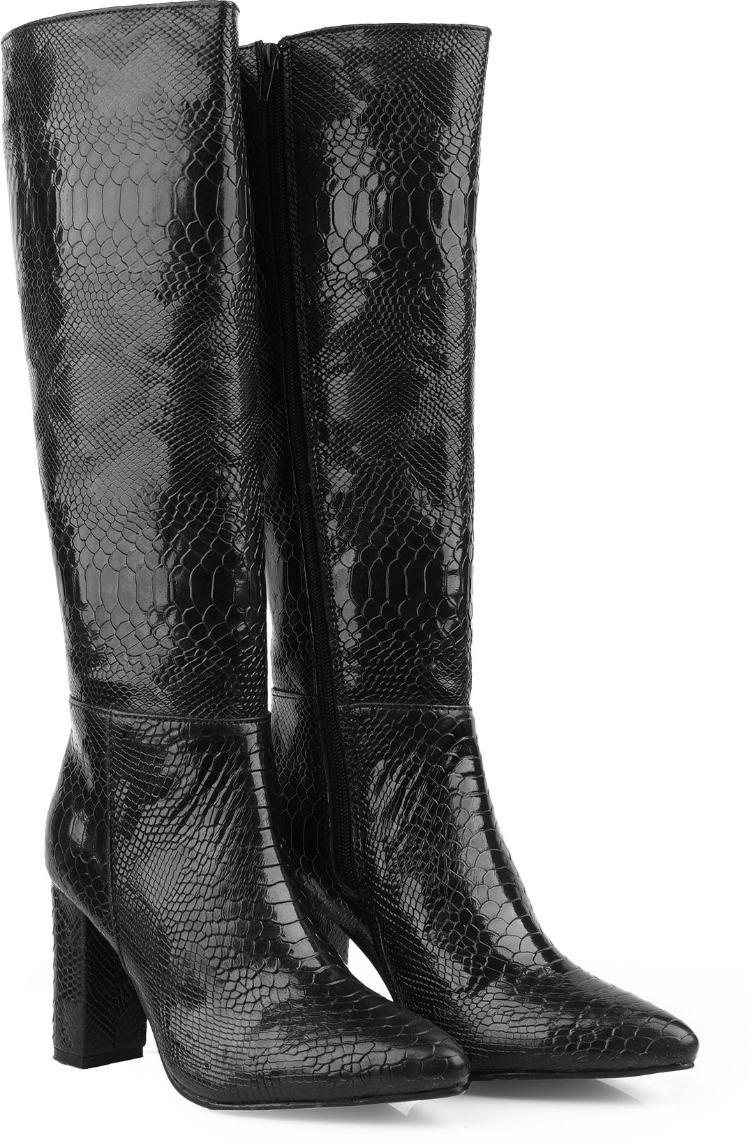 bxxy Women’s Premium Black Faux Leather Trendy Snakeskin Knee-High Block Heel Boots Slip On For Women-picture-32