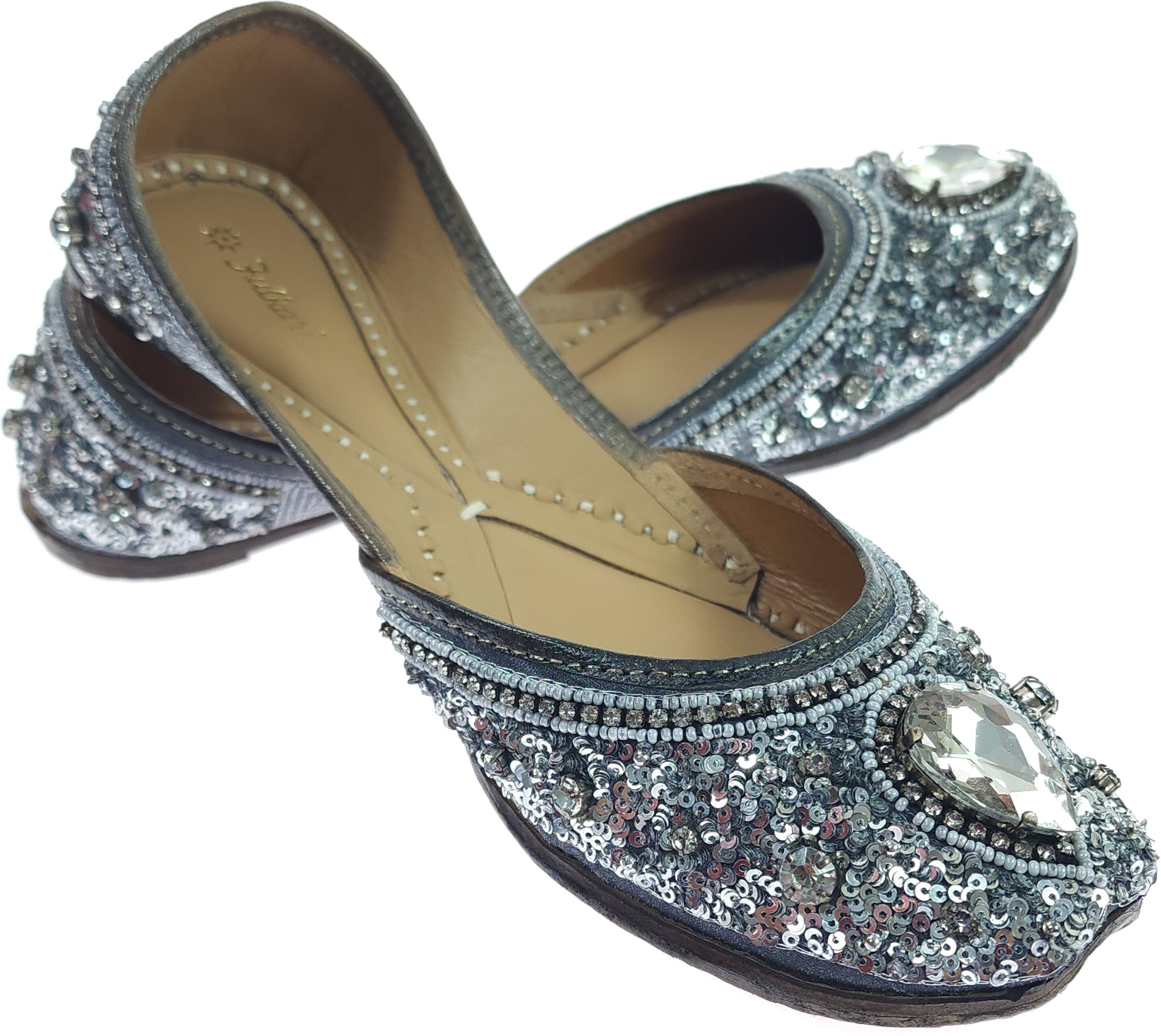 Ruby Sequins Grey Silver Genuine Soft Leather | Bite Free Embroidered Jutis | 38 Jutis For Women-image-2