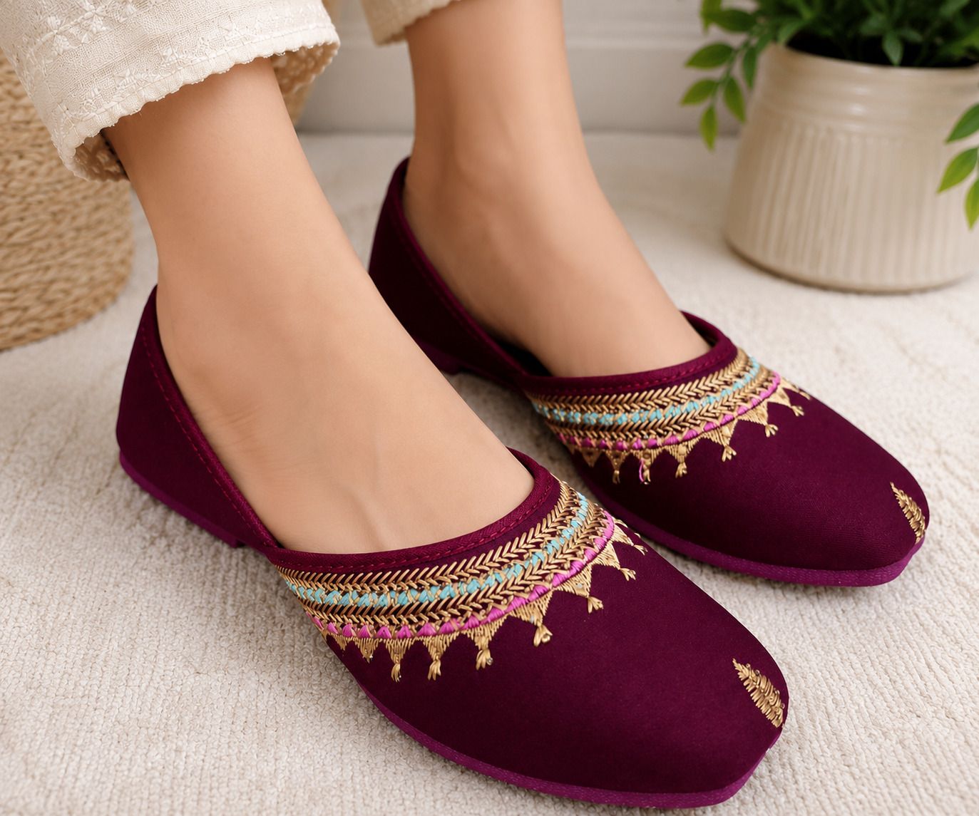 Women's Maroon Embroidered Punjabi Jutti | Comfortable Ethnic Flat Footwear Bellies For Women-image-45