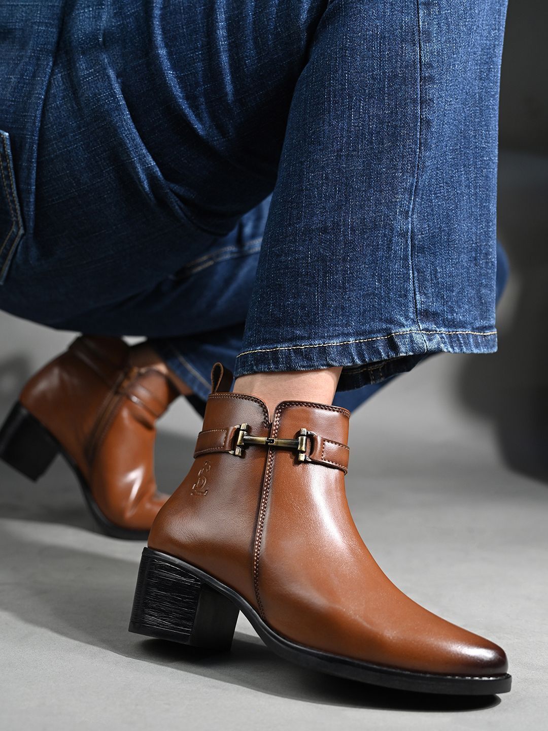 louis stitch Tan Elegant Antique Buckle Mid-Top Ankle Chelsea Boots, Slip-On Boots for Women Boots For Women-picture-41