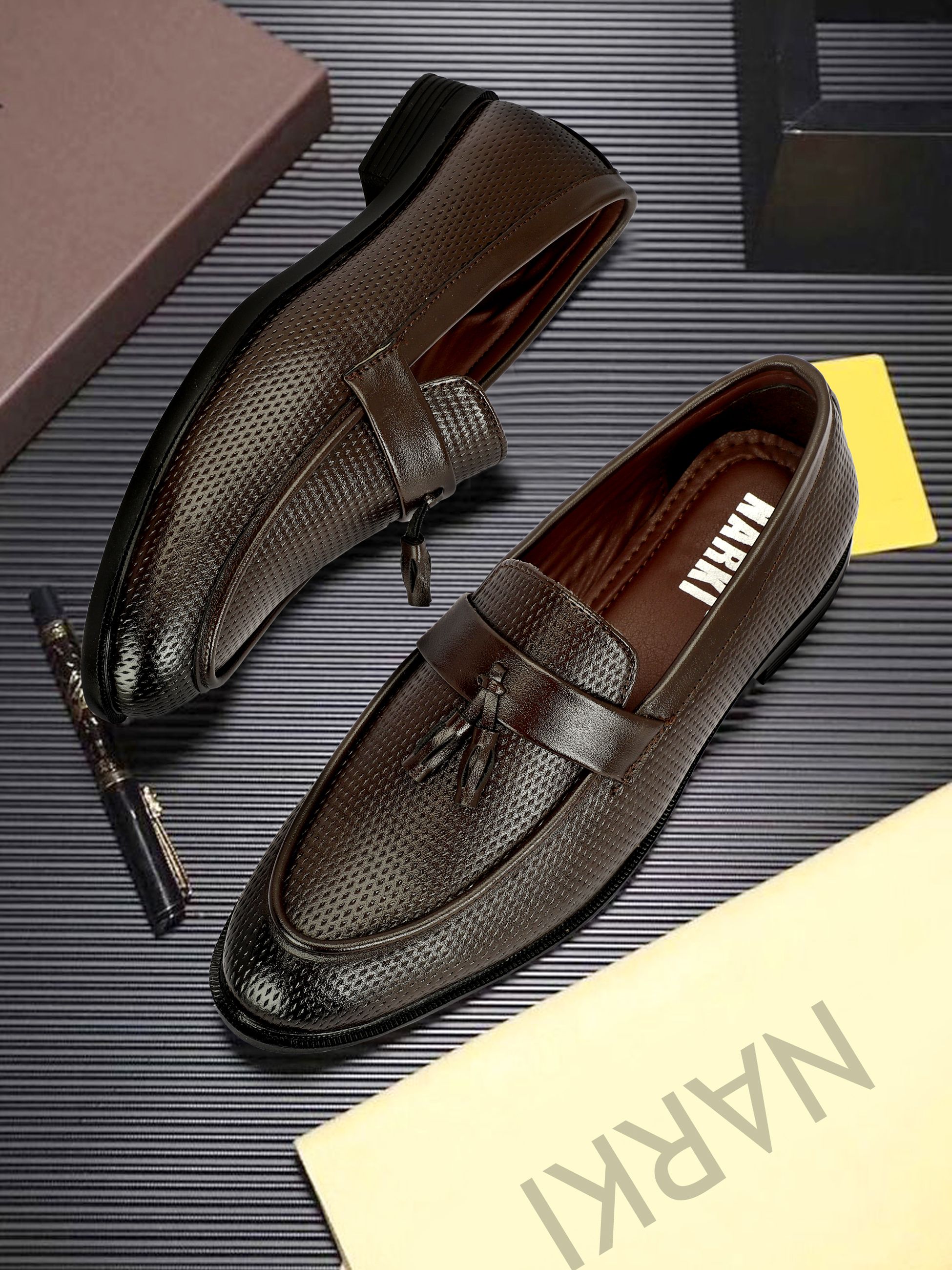 Men's Brown Textured Leather Tassel Loafers – Stylish Slip-On Loafers For Men-image-26