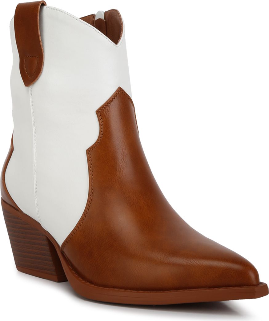 Tan Patchwork Detail Low Stacked Block Heel Boots Boots For Women-image-30