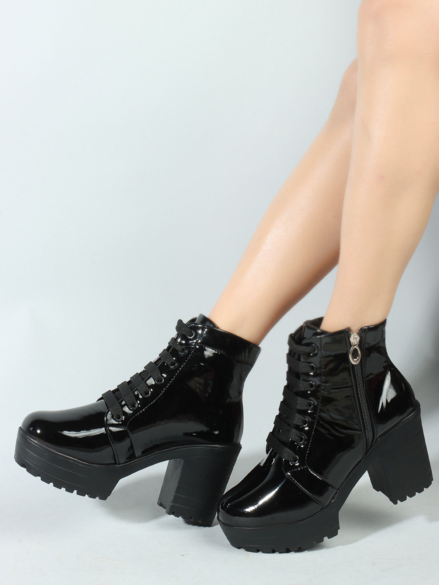 women's casual patent leather partywear ankle derby black lece up side zip boots boots for women