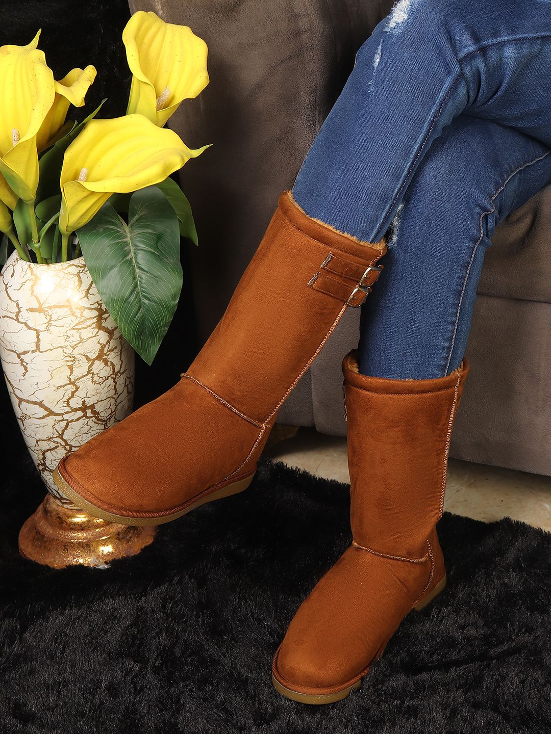 women's tall winter boot with decorative buckle straps boots for women