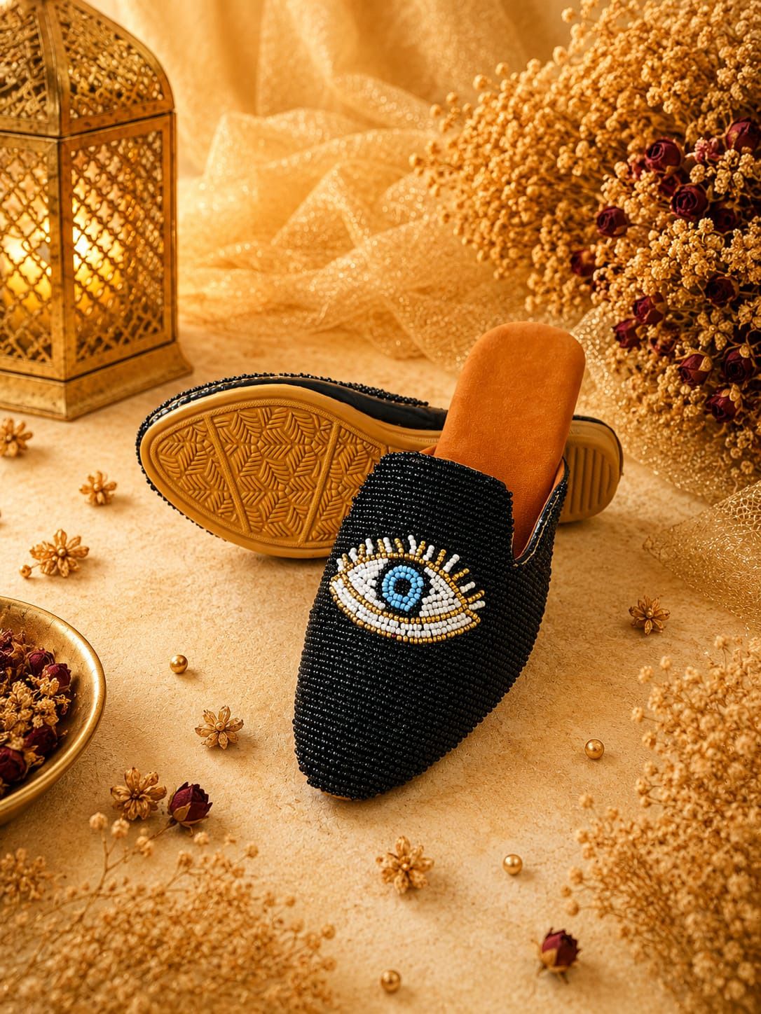 maisonvelora Stylish Black Beaded Evil Eye Embellished Mules | Lightweight Casual Flats | Party Wear For Women-picture-10