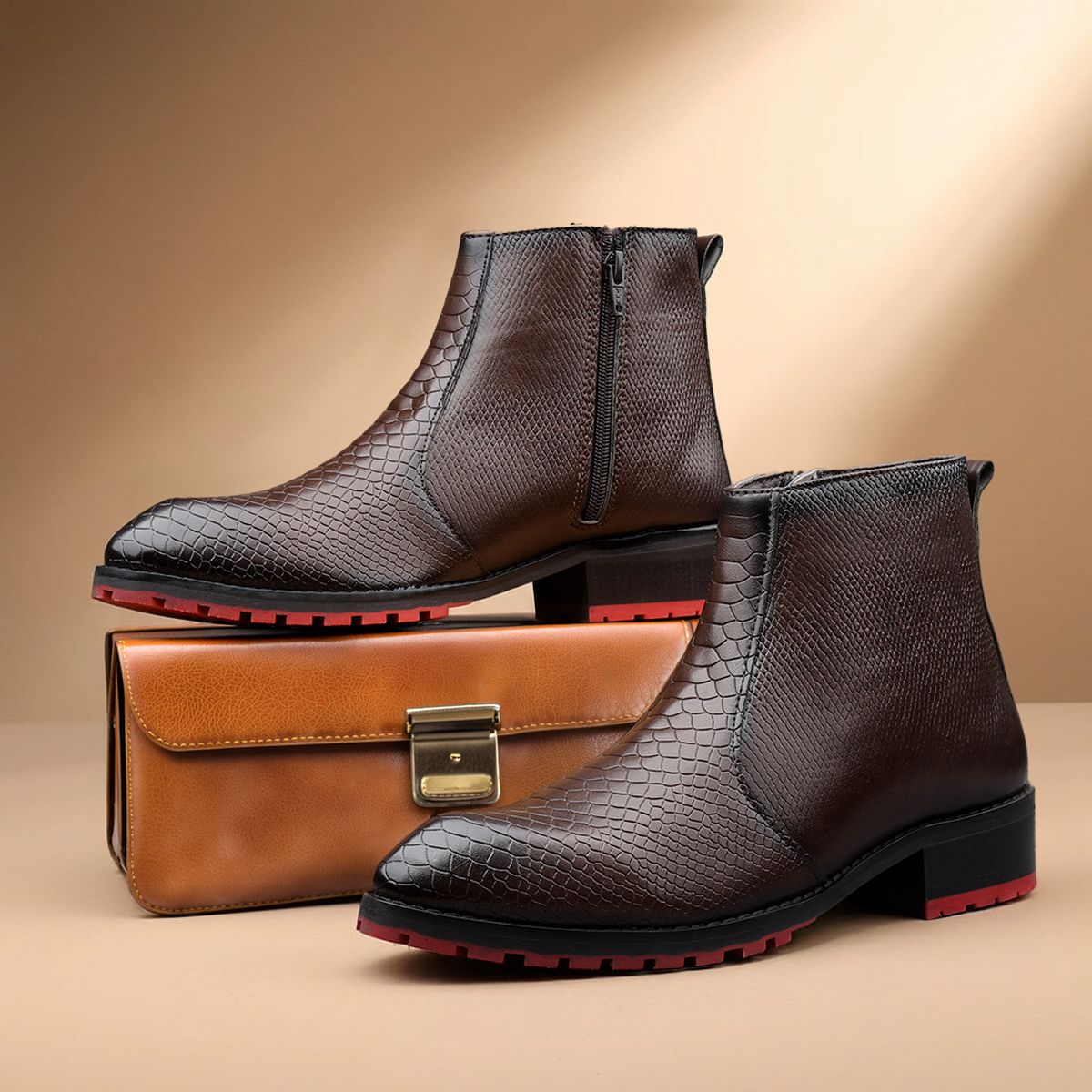yuvrato baxi Mens Premium Snake-Embossed Brown Formal Ankle Zip Boots with Bold Red Sole Base Boots For Men-picture-23