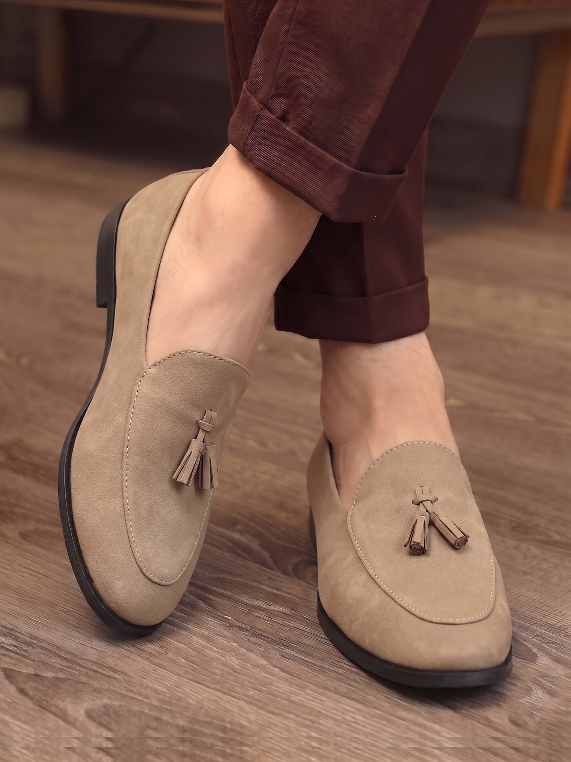 HERE&NOW Beige Suede tassel formal shoes Slip On For Men-picture-39