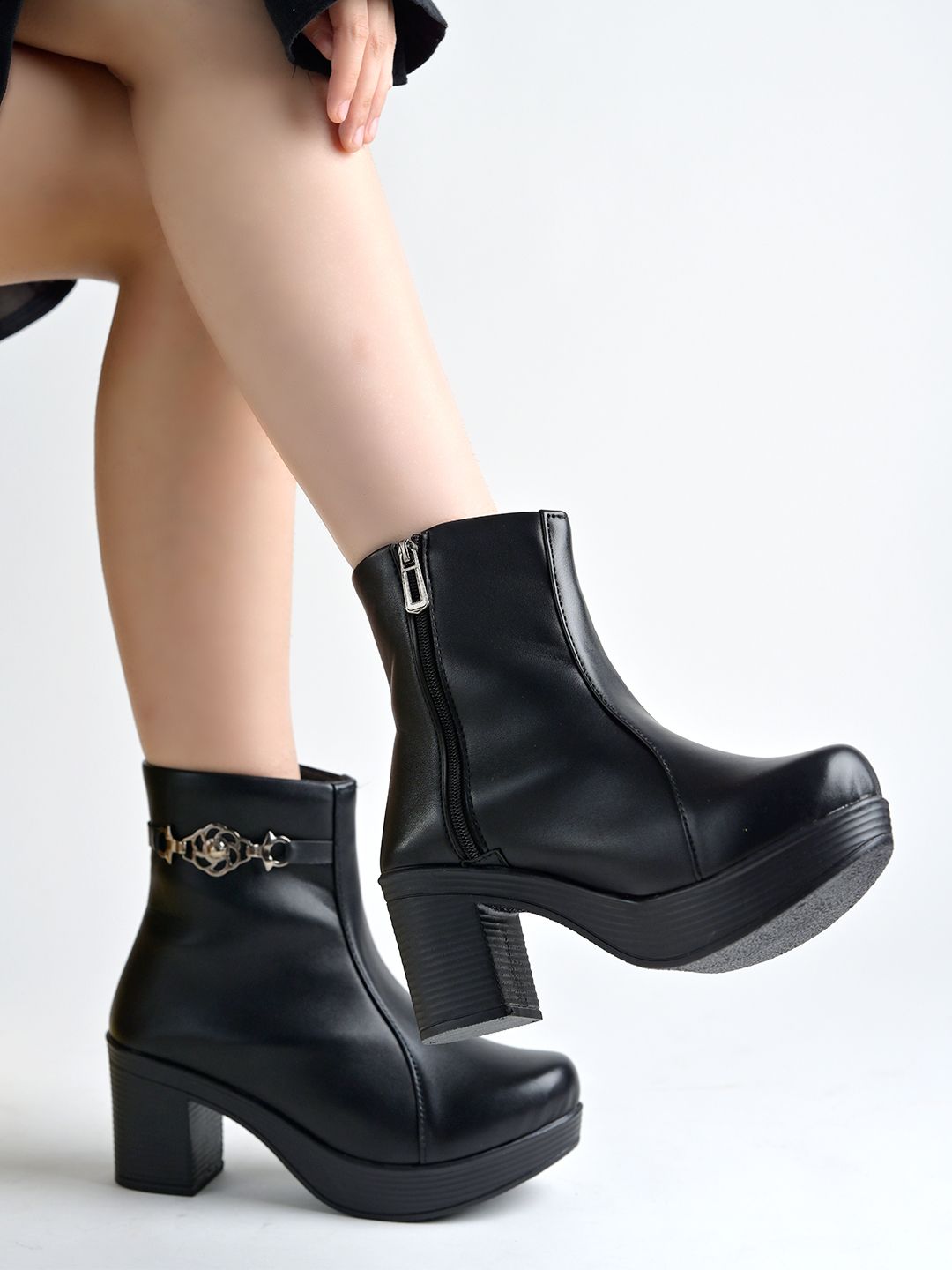 Shoetopia Black Platform Ankle Boots with Sparkle Buckle For Women & Girls Boots For Women-picture-14