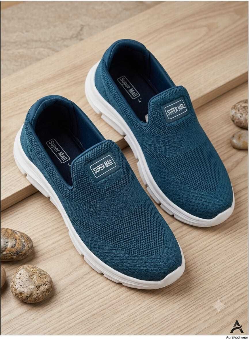 Men's Blue Knitted Mesh Slip-On Walking Shoes Slip On Sneakers For Unisex-image-8