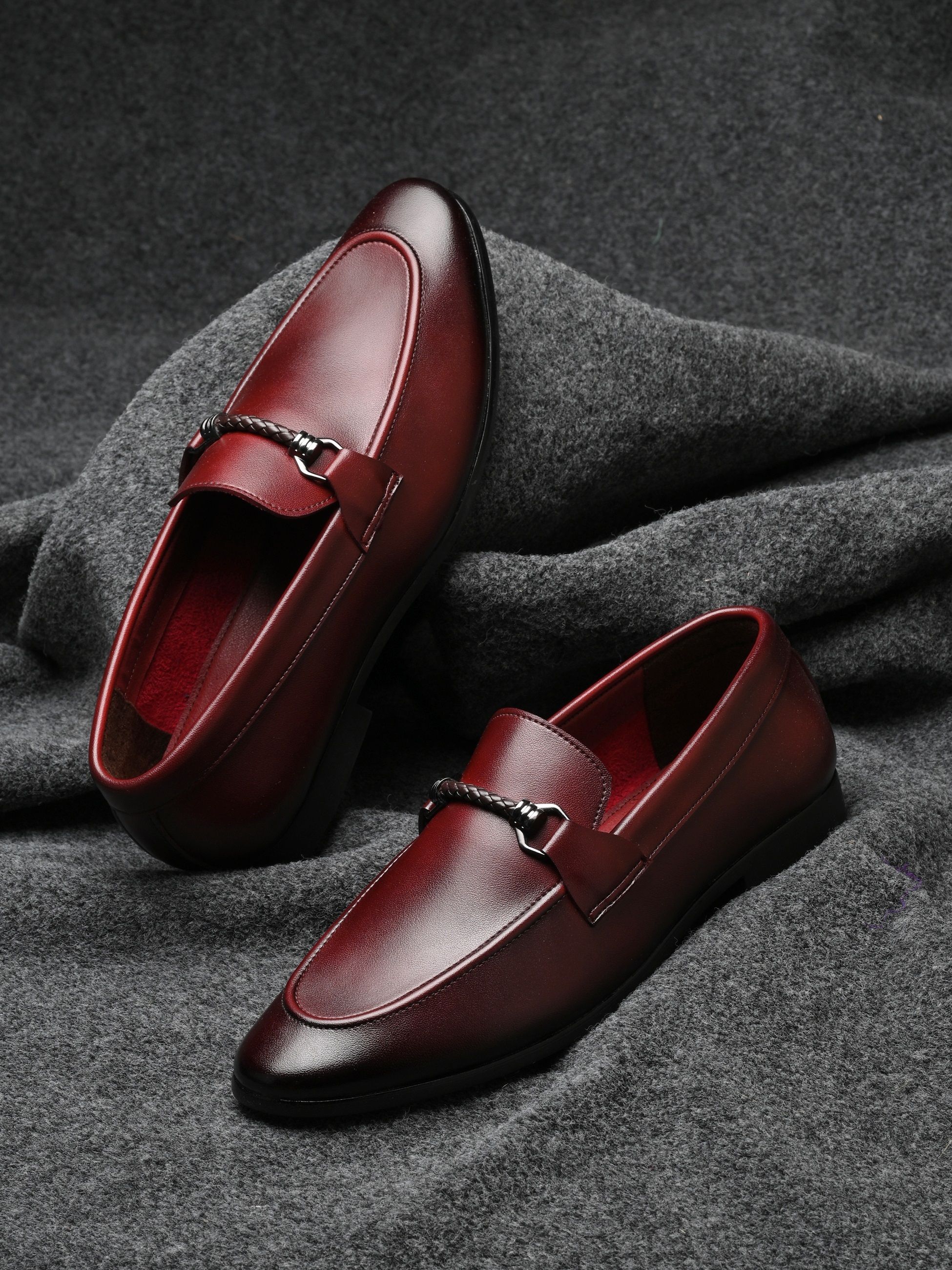 house of pataudi Men Wine Faux Leather Casual Slip On Loafers Loafers For Men-picture-24