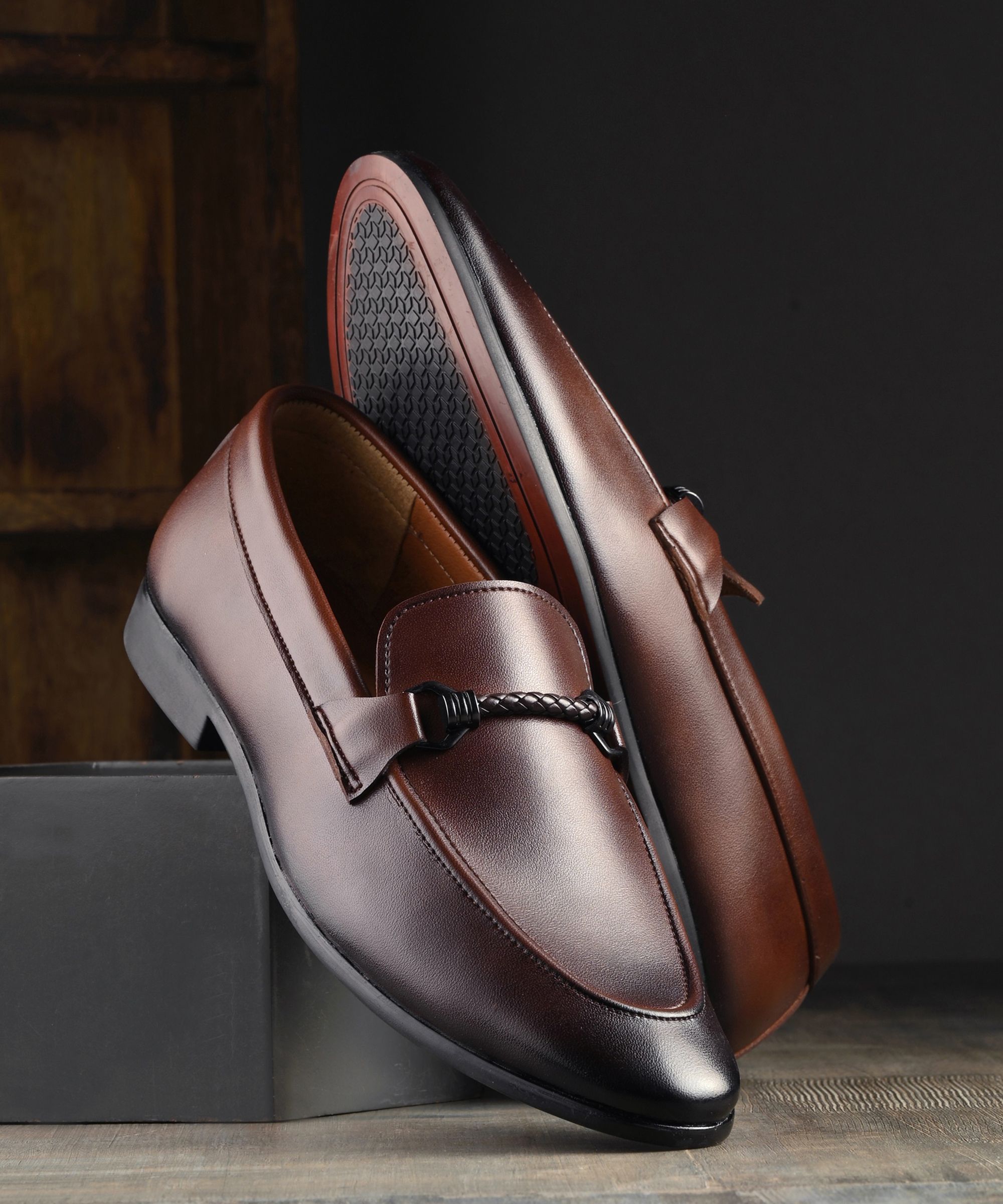 House of Pataudi Men Brown Faux Leather Casual Slip On Loafers Loafers For Men-picture-12