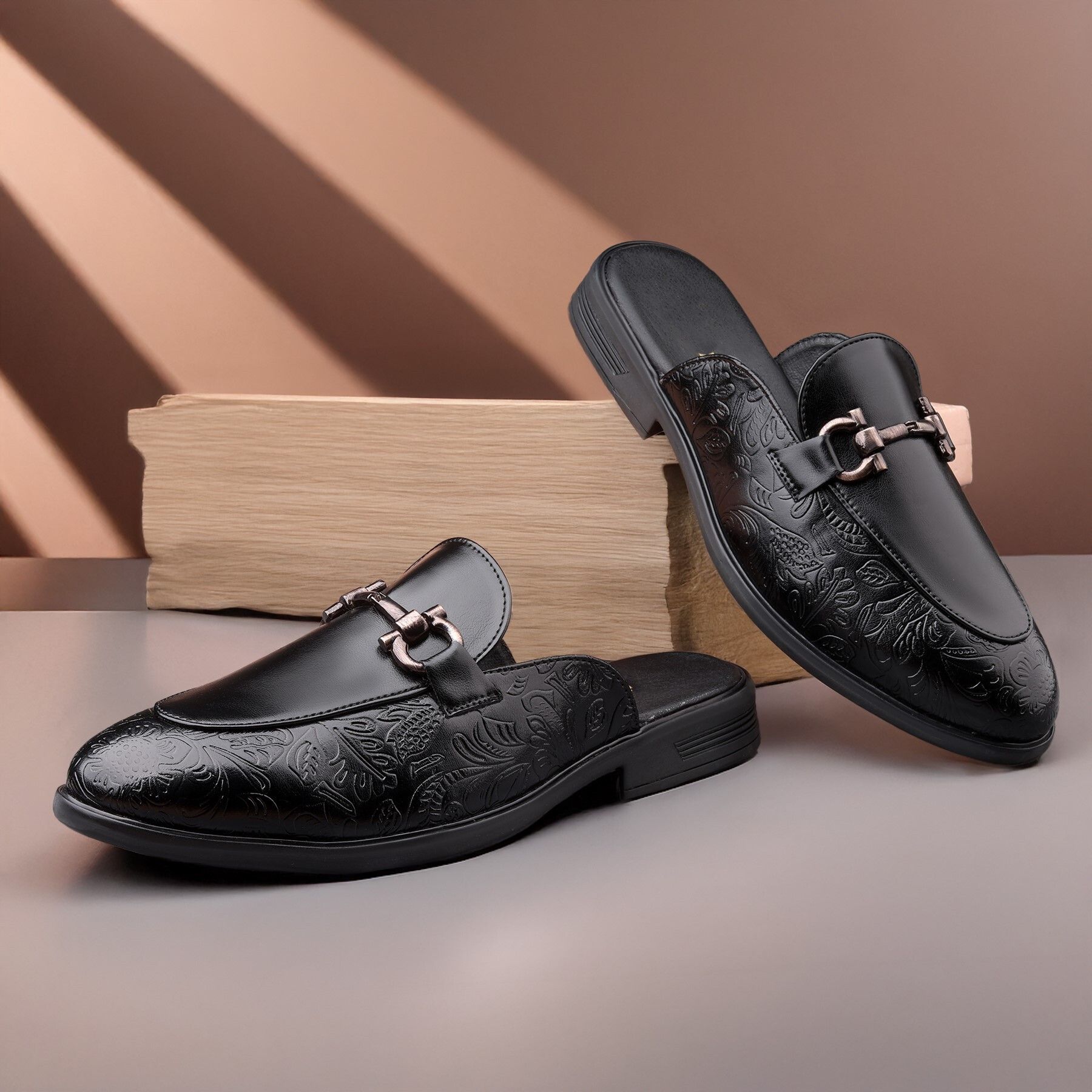 Men Black Textured Horsebit Slip-On Smart Casual Mule Loafer Loafers For Men-image-46