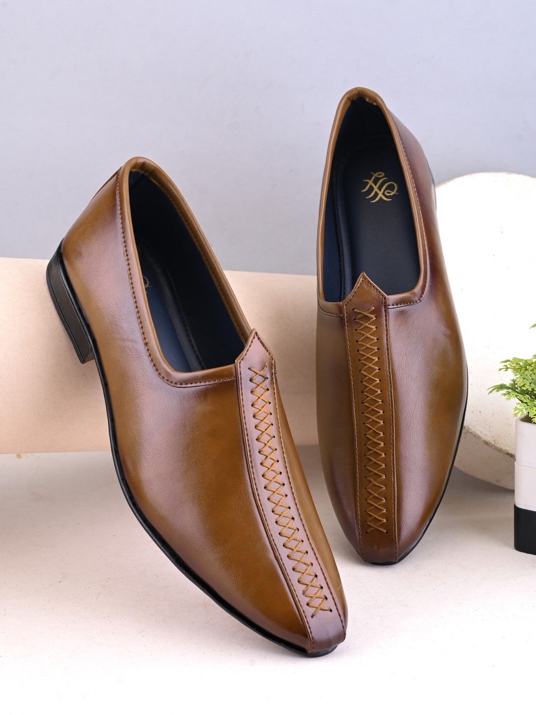 house of pataudi MEN TAN SOLID TEXTURED SLIP ON CASUAL LASER CUT ETHNIC LOAFERS MOJARIS NAGRAS S Loafers For Men-picture-27