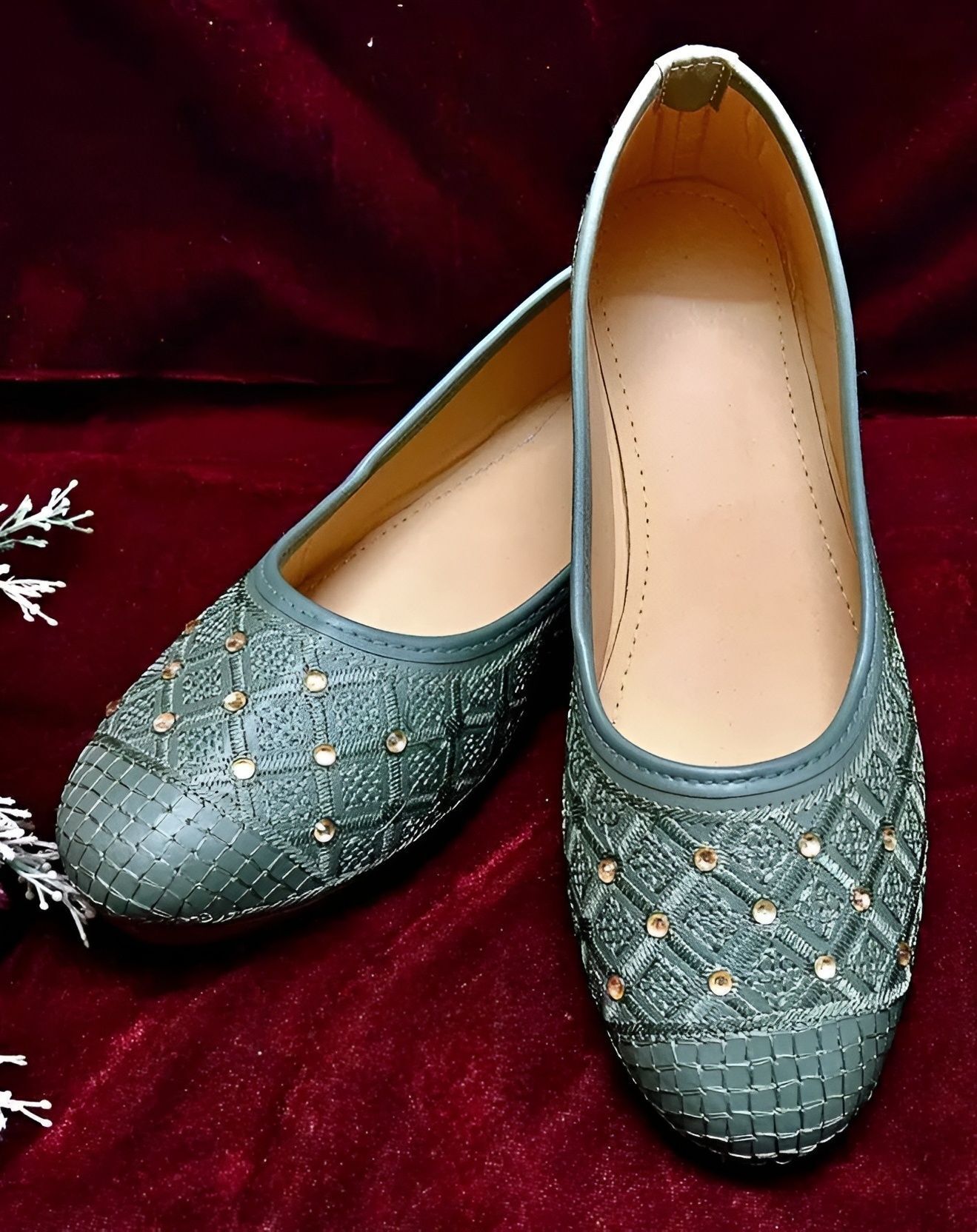 Women Embroidered Jutti with Rhinestones Embellishments Jutis For Women