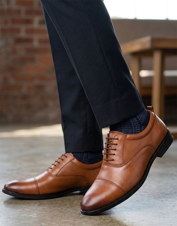alberto torresi Men's Tan Leather Cap-Toe Oxford Formal Shoes Lace Up For Men-picture-40