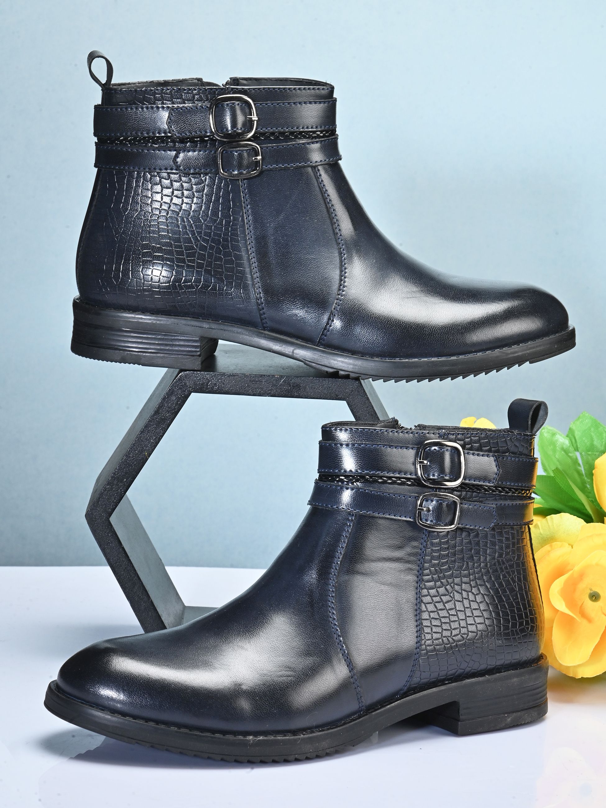 Women High Top Blocked Heel Blue Chelsea Boots With Chain Boots For Women-image-39