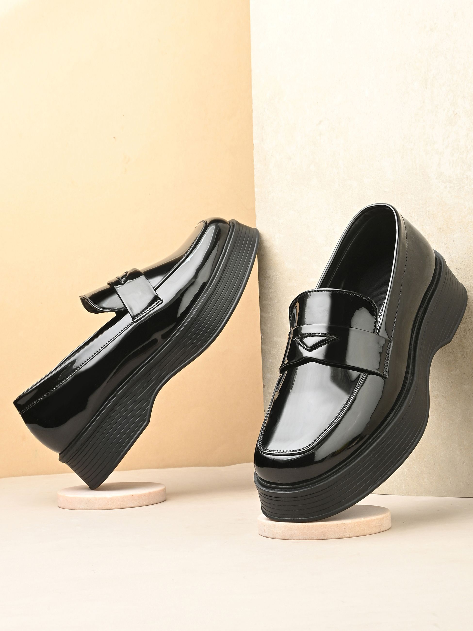 leo's fitness shoes LEO Men Black Patent Slip-On Loafer Shoes with Chunky Sole For Casual Wear Loafers For Men-picture-14