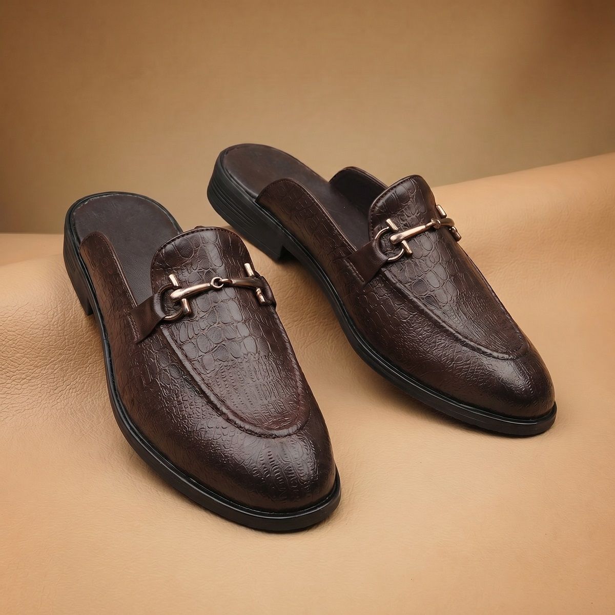 men smart brown casual slipon dress shoe, luxury textured leather backless mules casuals for men