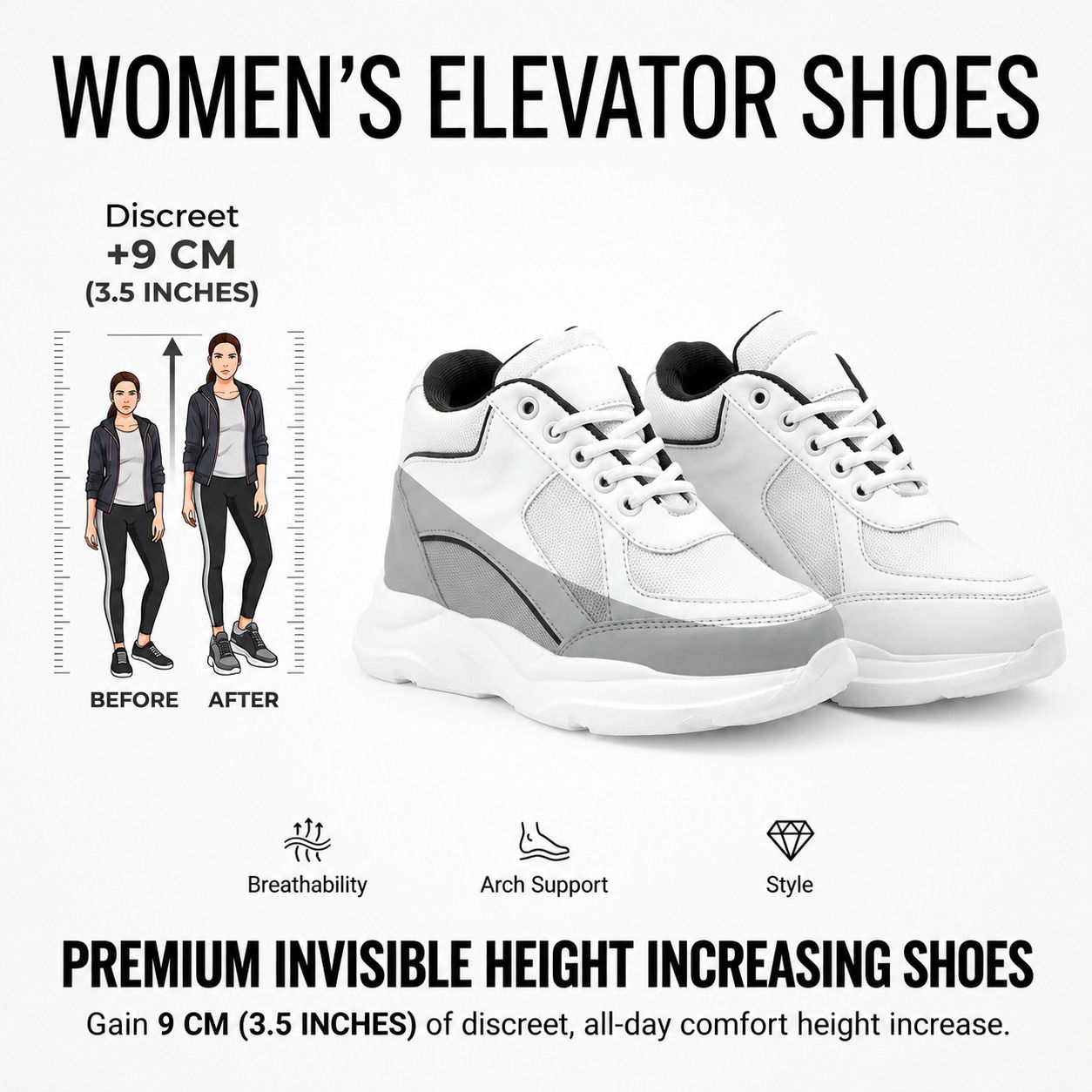 bxxy Women 3.5 Inch Hidden Height Increasing White Casual Sneaker Laceup Outdoor Shoe Running Shoes For Women-picture-13