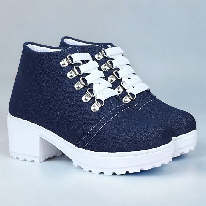 Premium Denim Heel Boots for Women Lace-Up Boots with Metal Embellishments Boots For Women