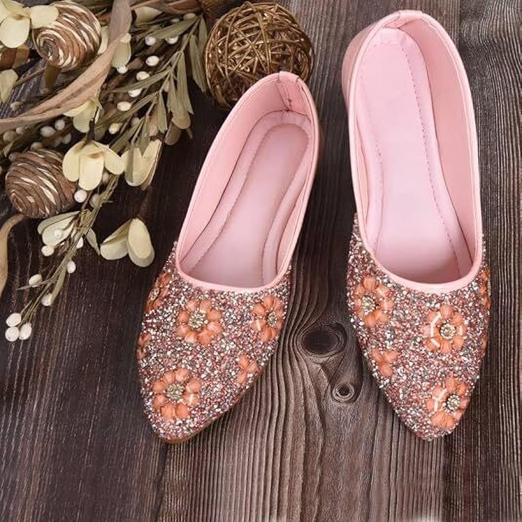 Embellished Floral Beadwork Handcrafted Ethnic Flat Mojari Jutis For Women-image-27