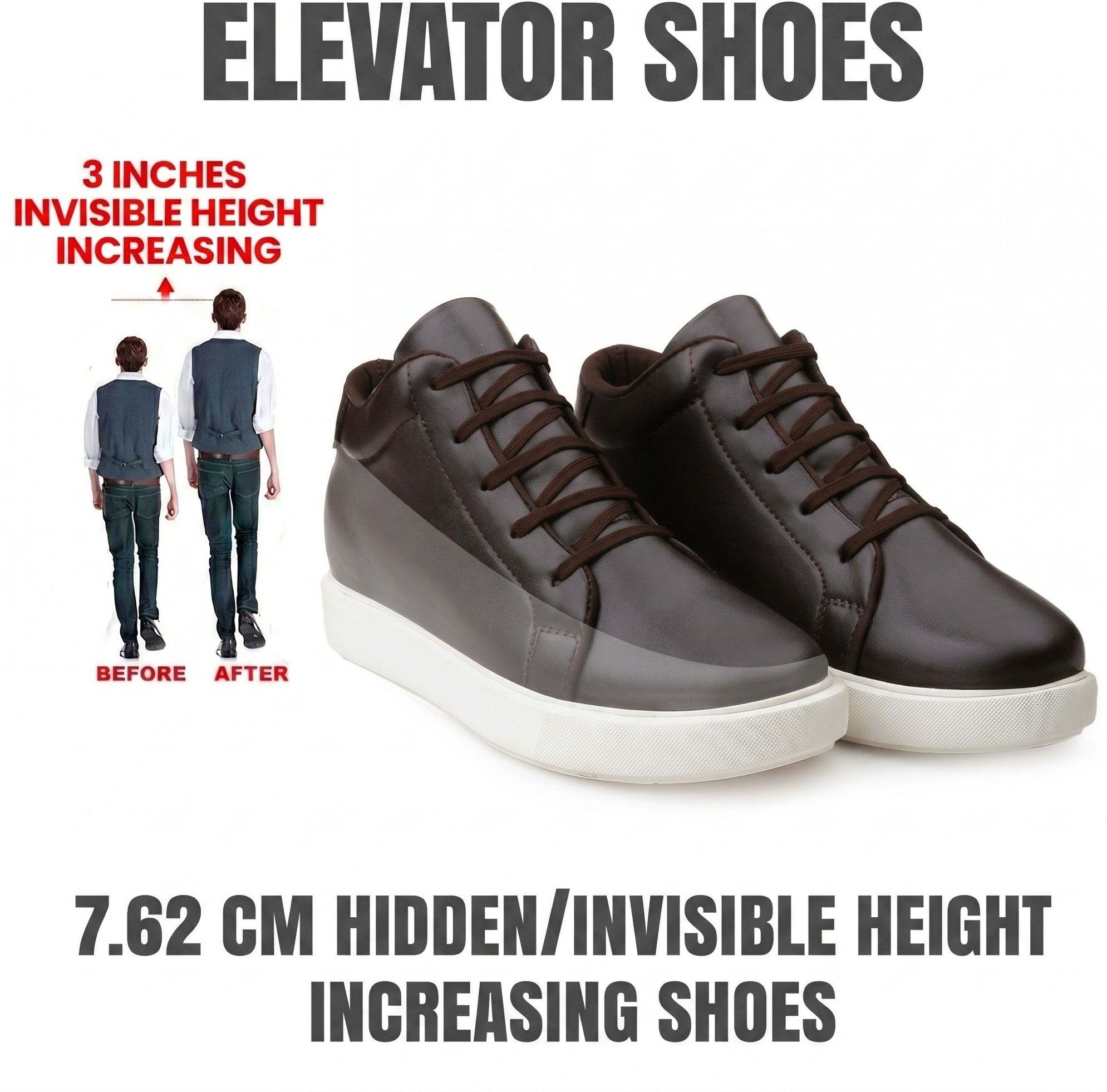 Men's 3 Inch Hidden Height Increasing Brown Casual Sneaker Laceup Outdoor Shoes Boots For Men-image-0