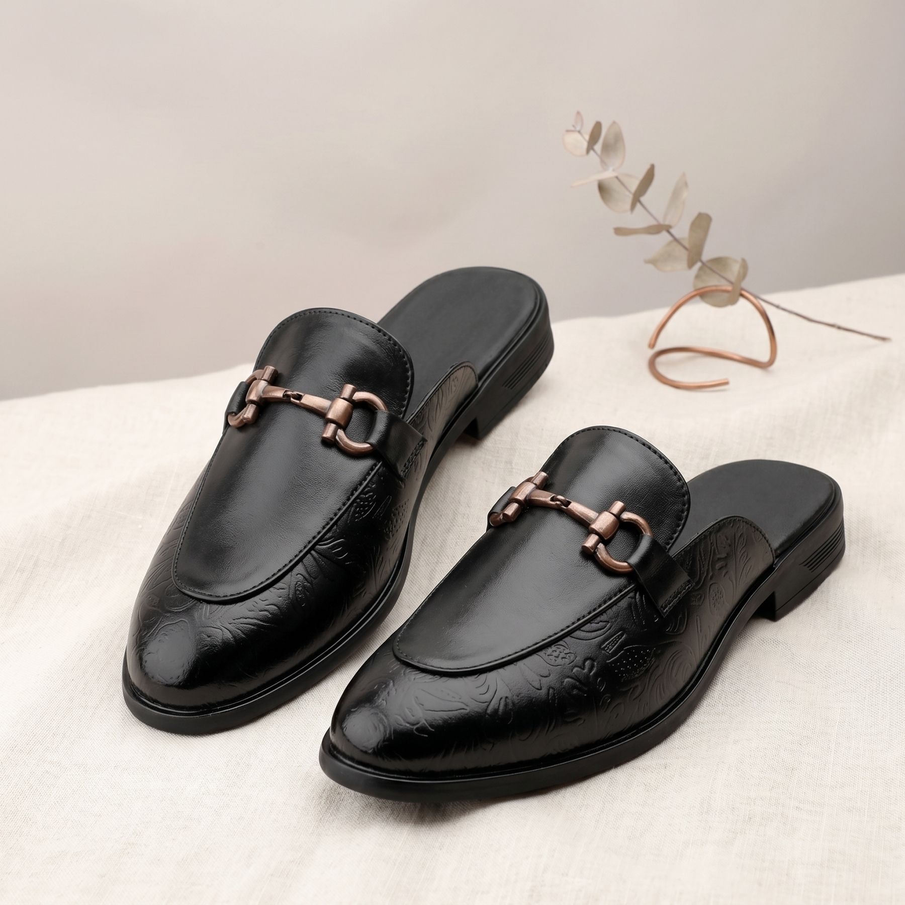 yuvrato baxi Men Classy Openback Black Semi-Formal Wedding Slipon Loafer With Embossed Design Ethnic Mule For Men-picture-1