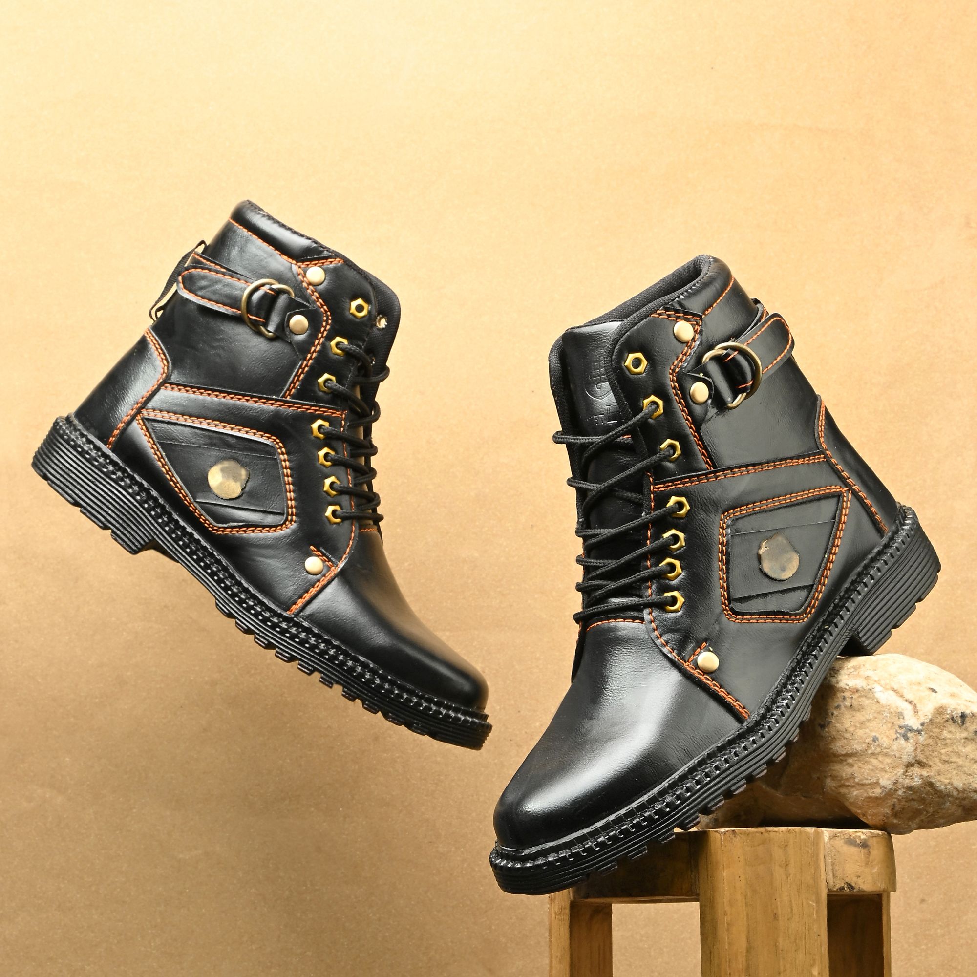 black boots for men|outdoor boot for men||gold-colored eyelets and buckles boots Boots For Men-image-0