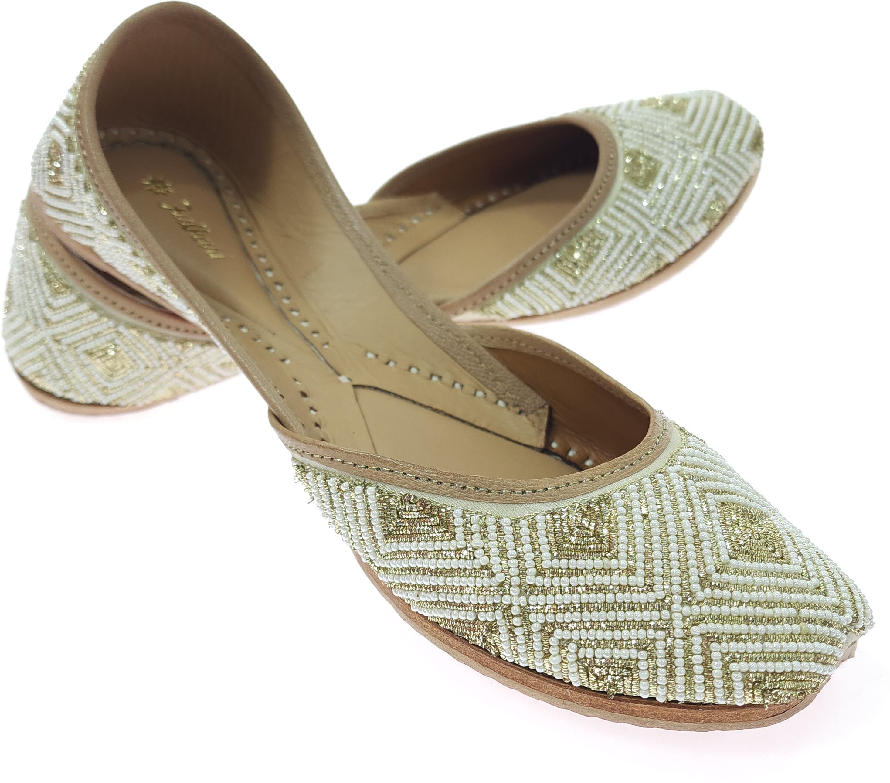 Beaded Beige Gold Genuine Soft Leather | Bite Free Embroidered Jutis | 37 Party Wear For Women-image-26
