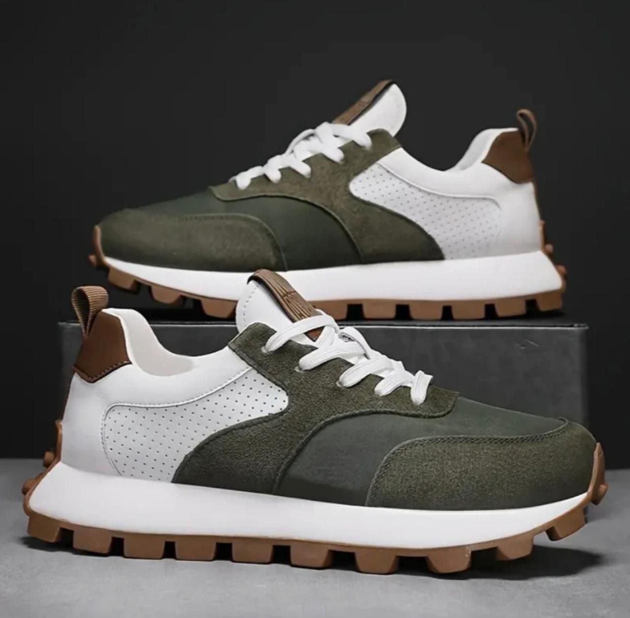 Men's Suede Leather Retro Sneakers | Olive Green Foam Sole Casual Lace-Up Shoes Outdoors For Men-image-3