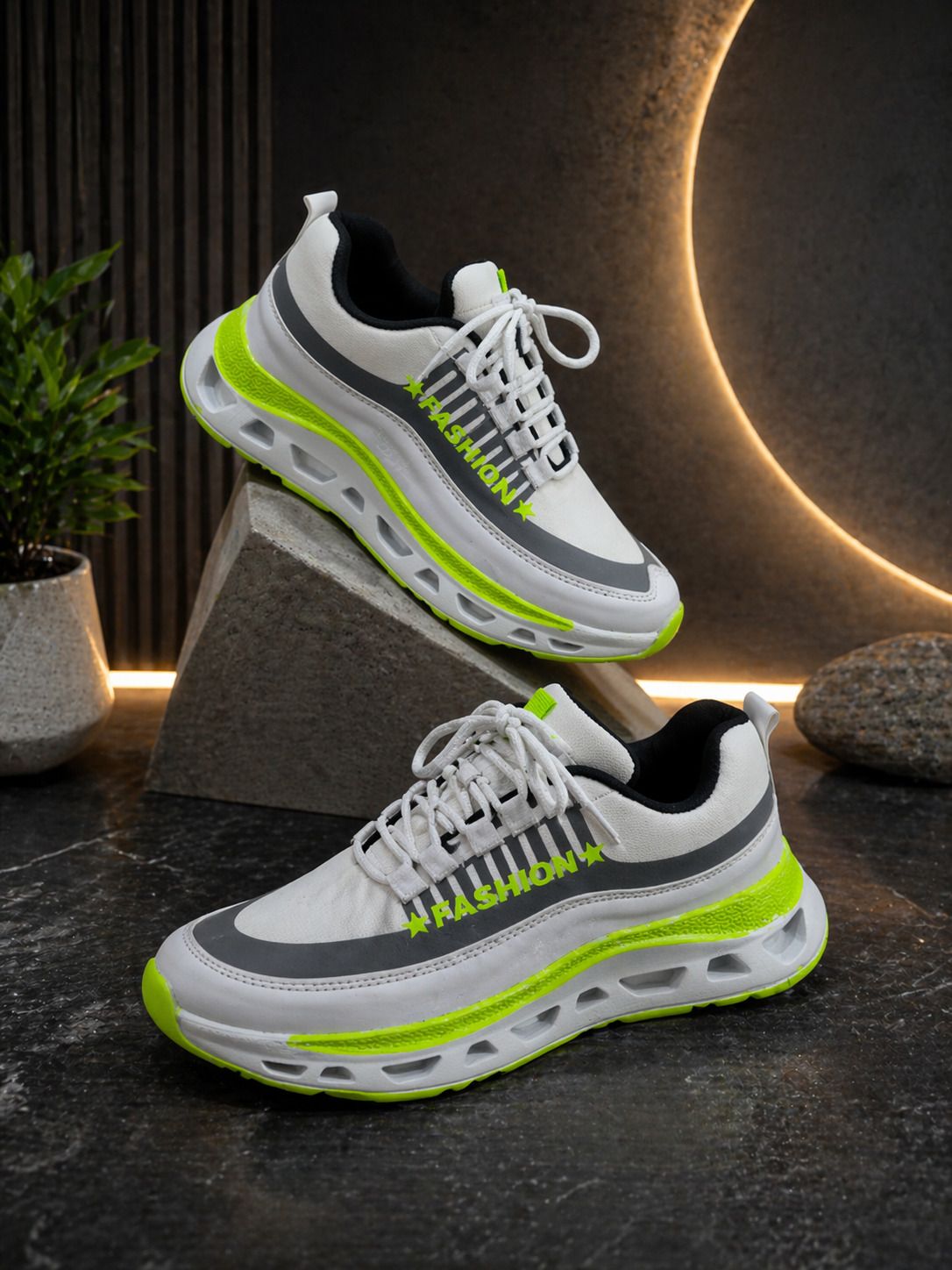 Men's White Grey Neon Green Lace-Up Running & Walking Sports Shoes For Men Casuals For Men-image-3