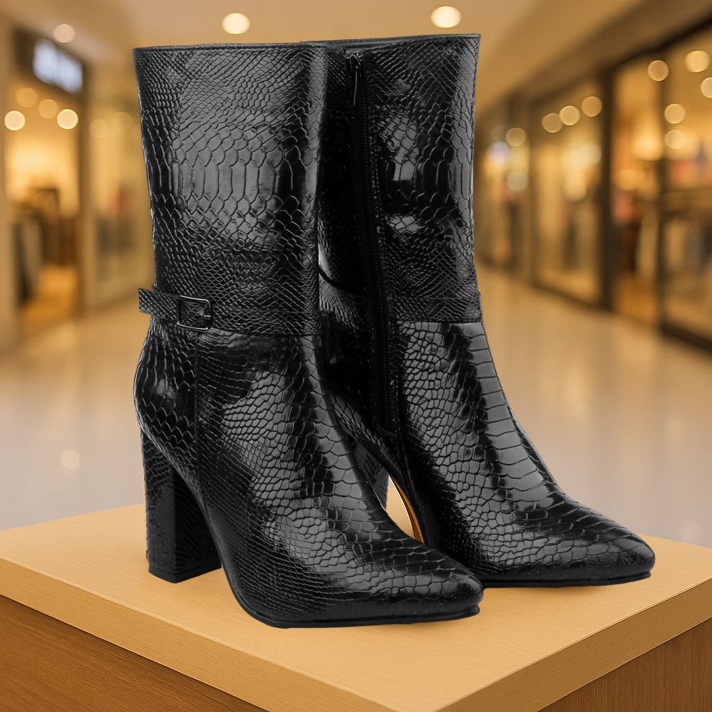 Black Casual Formal Buckle Ankle Boot For Women With 3.5 Inch Block Heel Height Slip On For Women-image-24
