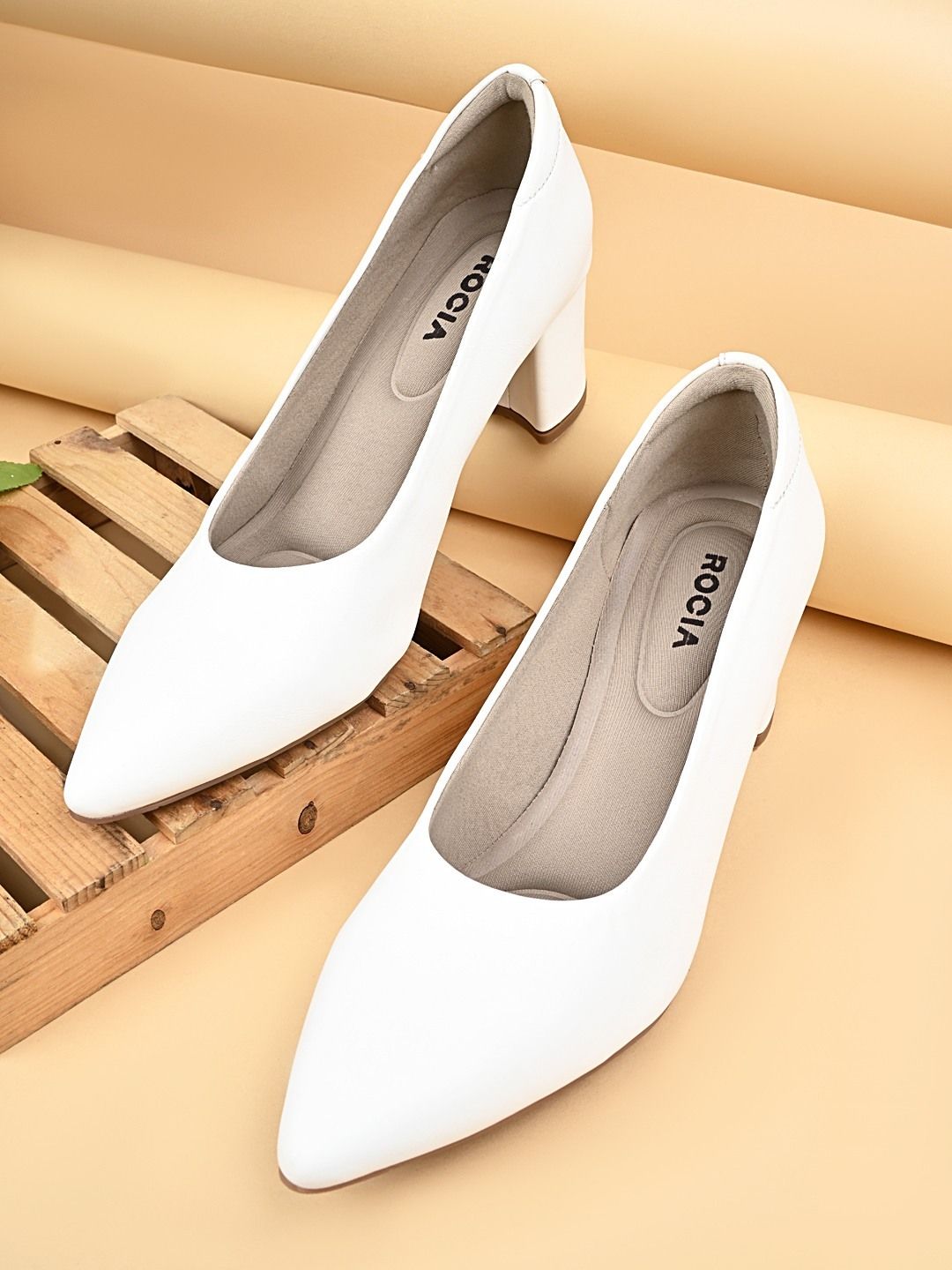 White Women Classic Block Heel Pumps Slip On For Women-image-3