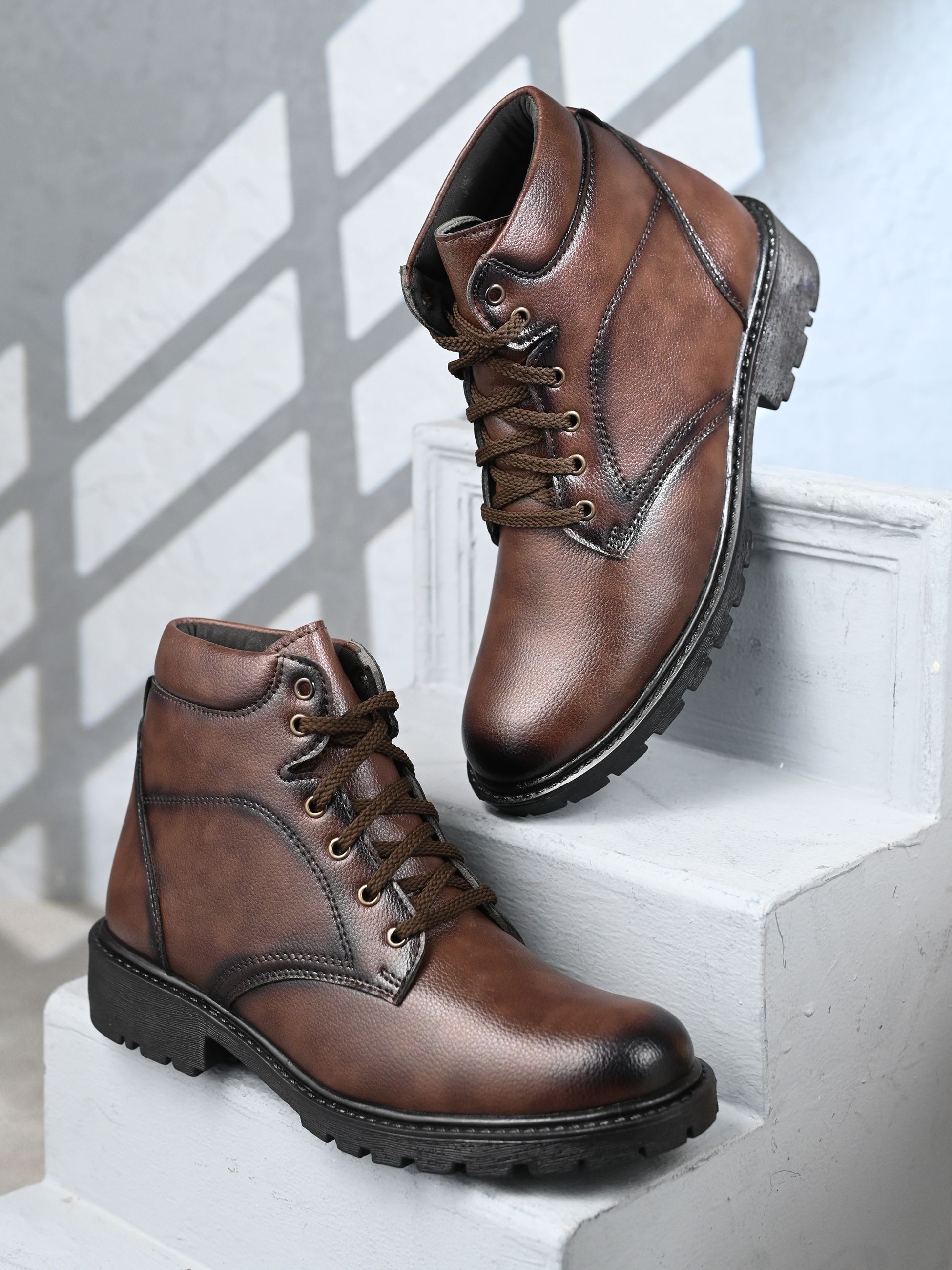 Black High-Top Lace-Up Boots | Durable Faux Leather Ankle-Length Shoes | Outdoo Boots For Men-image-12