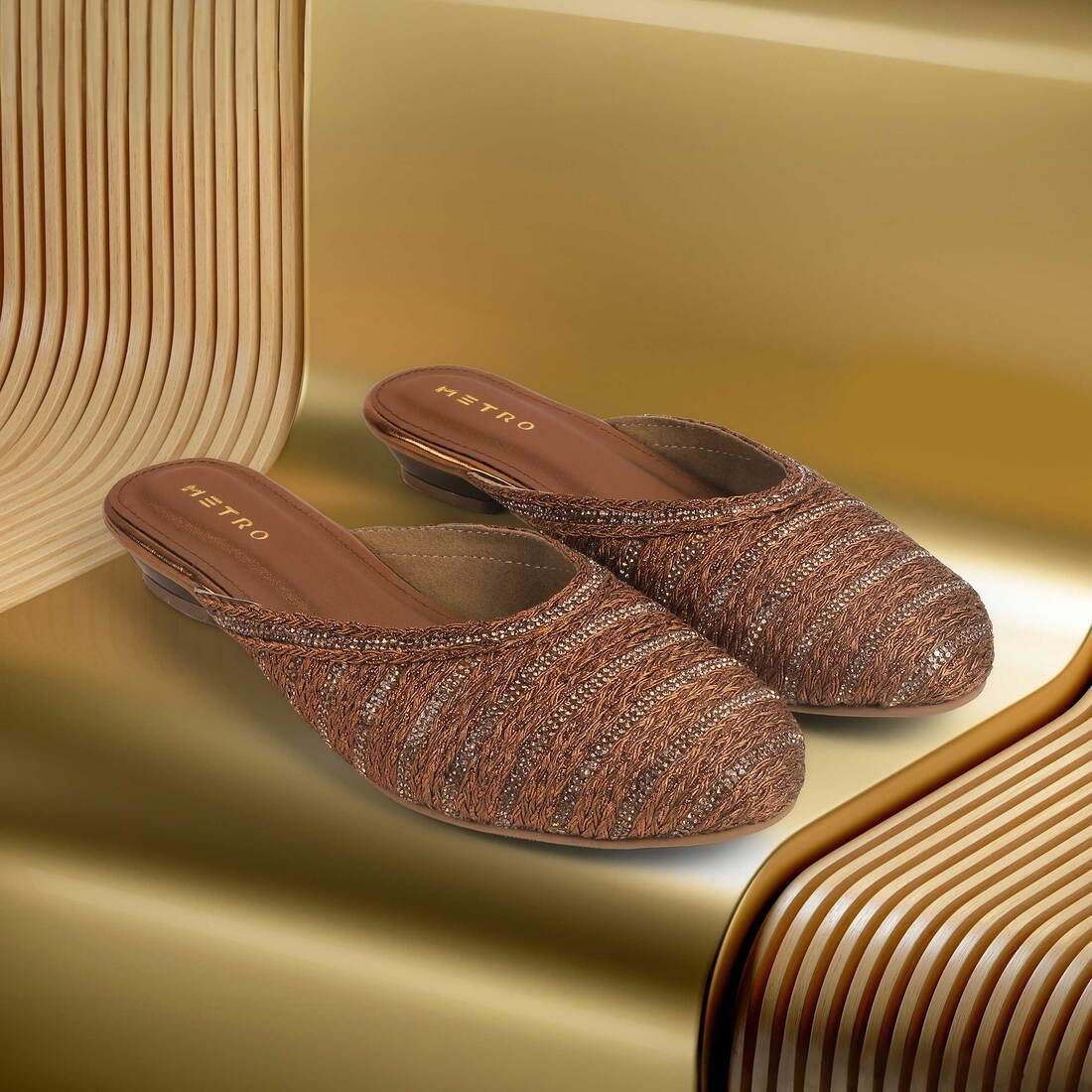 metro Women's Antique Gold Slip On closure Ethnic - Mojaris with Flat sole Casuals For Women-picture-14