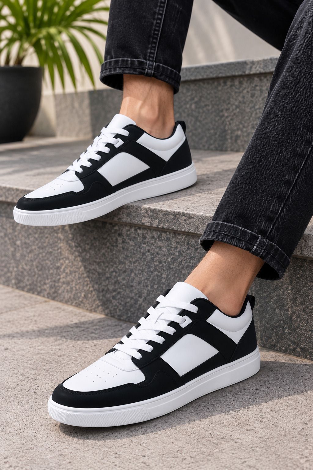 Men Casual Sneakers Shoes Black White Stylish Lace-Up Sneakers For Unisex-image-0
