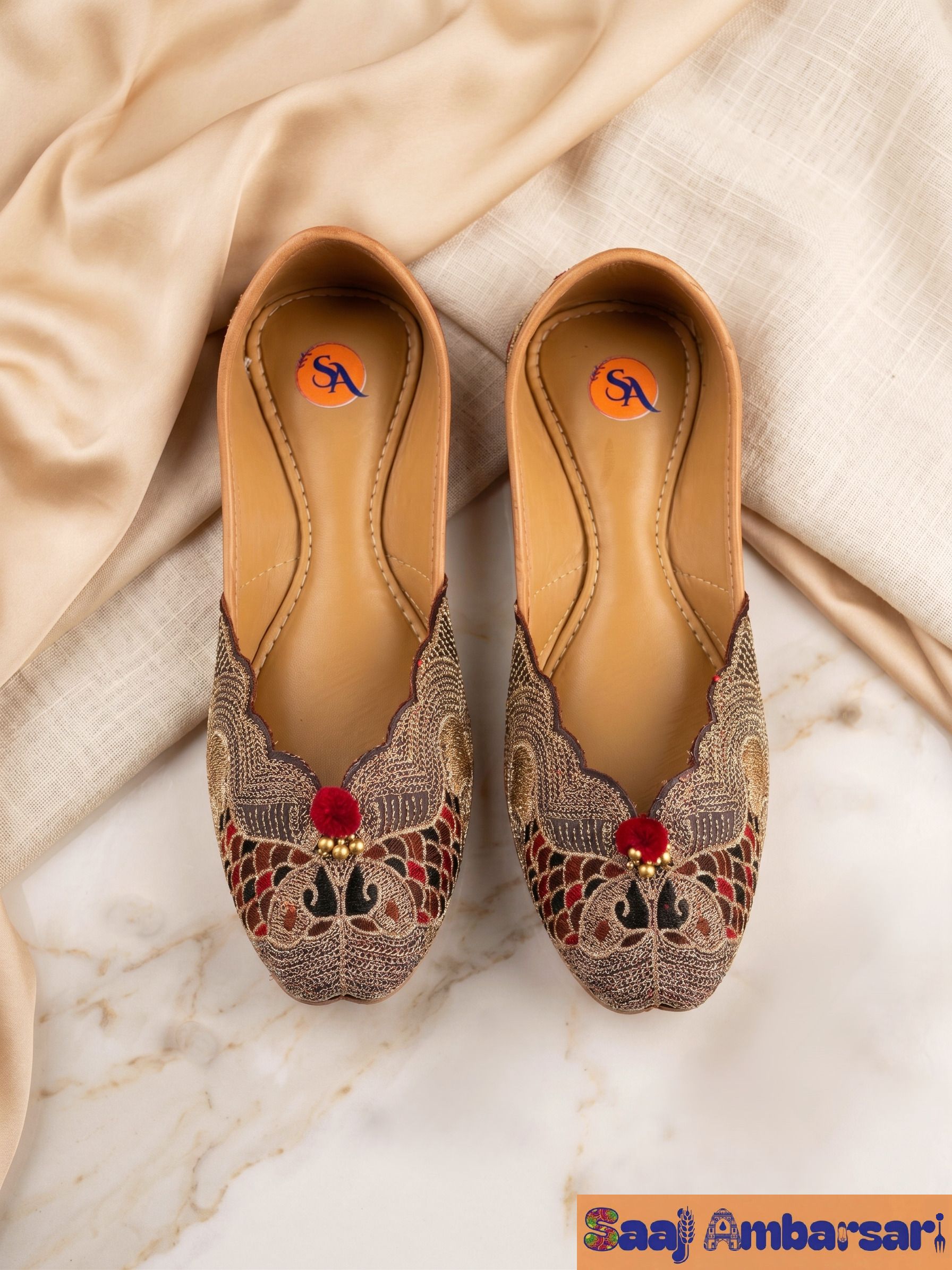 saaj ambarsari Multicolor traditional Aari threadwork on gold embroidered Punjabi Jutti||Mojari Party Wear For Women-picture-16