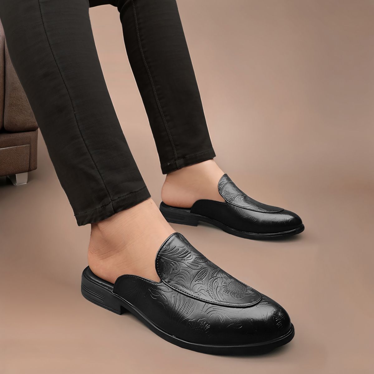 anouk Men Black Embossed Slip-On Smart Casual Mules Loafers For Men-picture-11