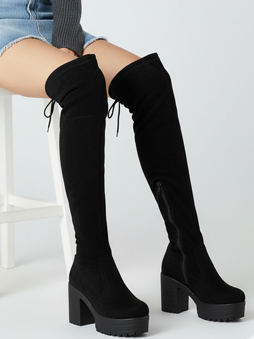 JM Looks Black Platform Over-the-Knee Block Heel Boots Boots For Women-image-18