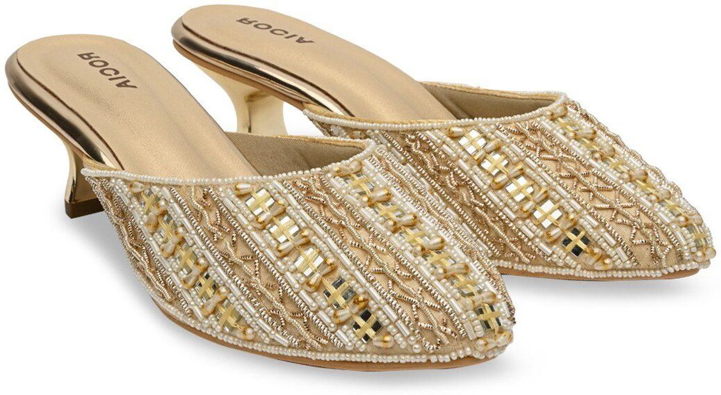 Rocia By Regal Gold Women Embroidered Kitten Heel Mules Mojaris For Women-image-17