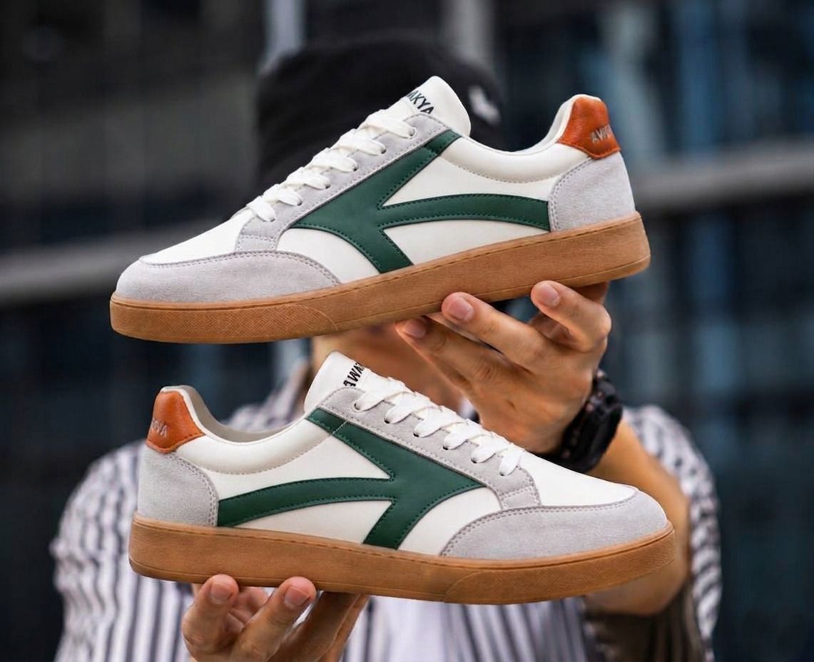 awakya Men's Premium White Sneakers with Classic Green Arow Accent and Tan Sole Casuals For Men-picture-15