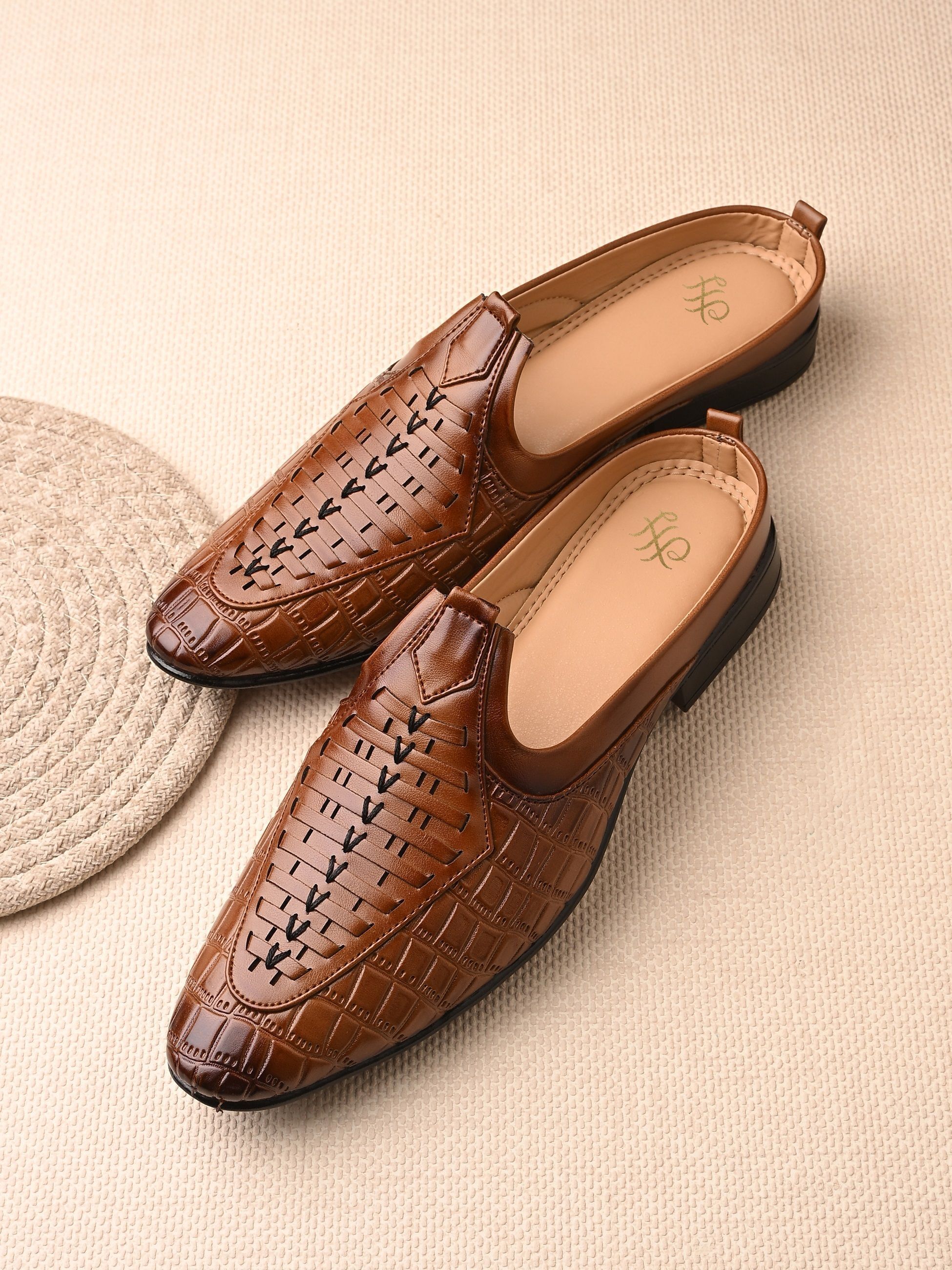 house of pataudi Men Brown Textured Leather Slip-On Loafers with Handcrafted Woven Design Mojaris For Men-picture-10