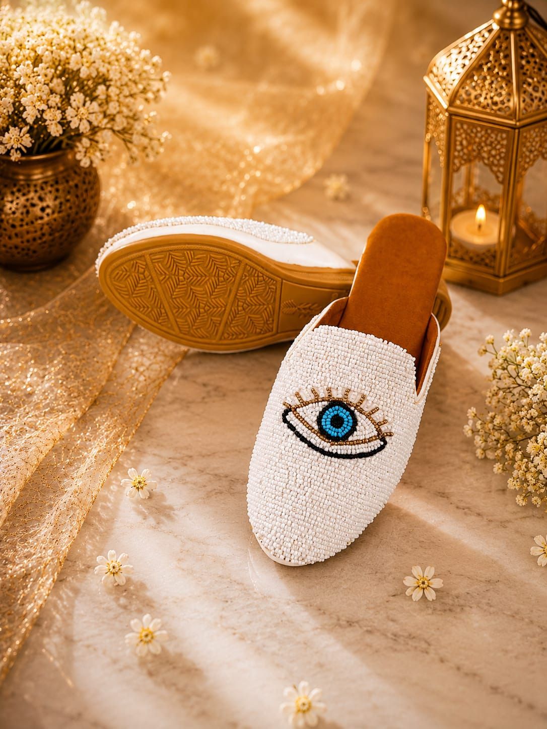 Stylish White Beaded Evil Eye Embellished Mules | Lightweight Casual Flats | Party Wear For Women-image-26